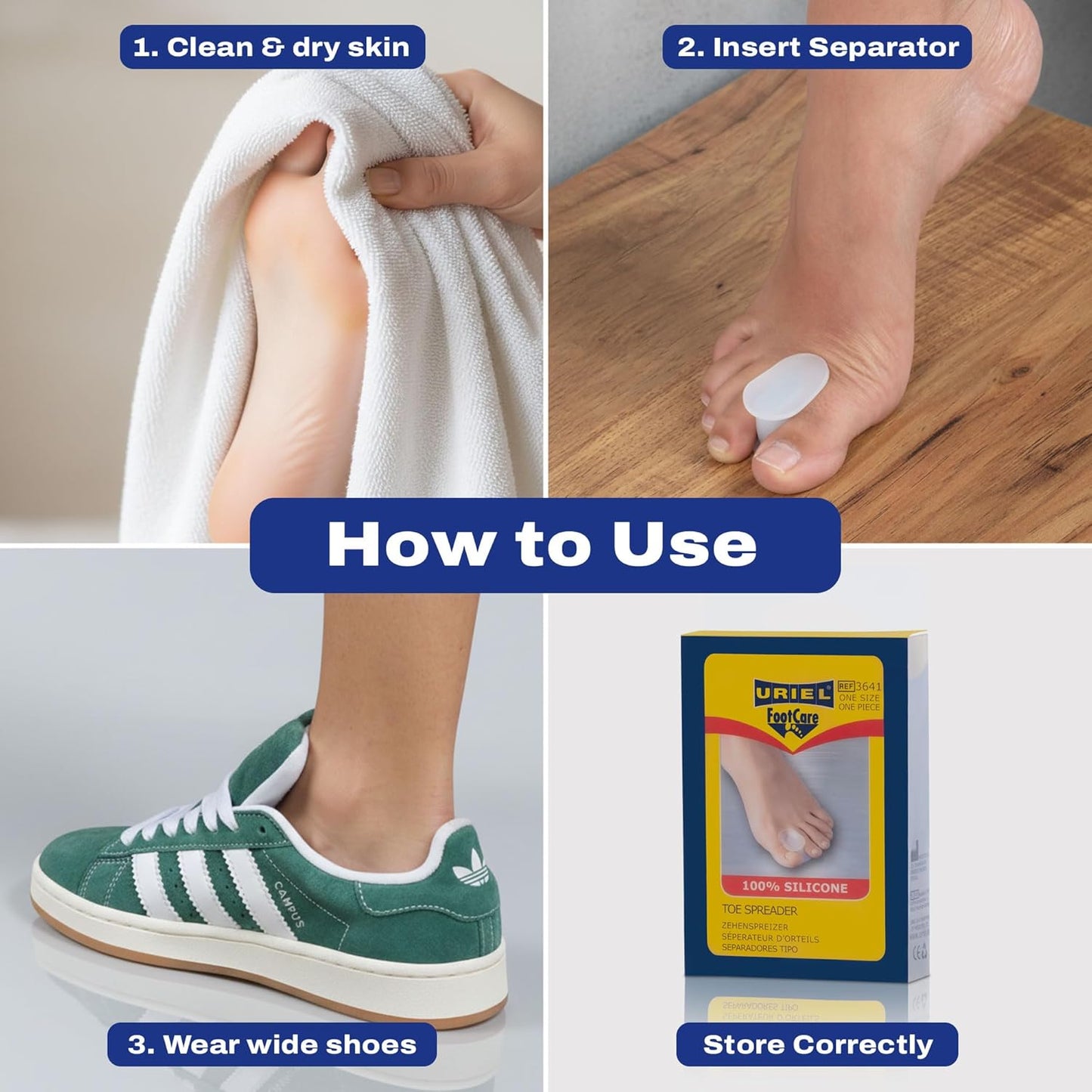 Uriel Silicone Toe Separators for Women & Men – Soft Gel Toe Spacers with Mineral Oil for Overlapping Toes, Hammer Toe, Friction & Blister Relief – Comfortable & Reusable Design