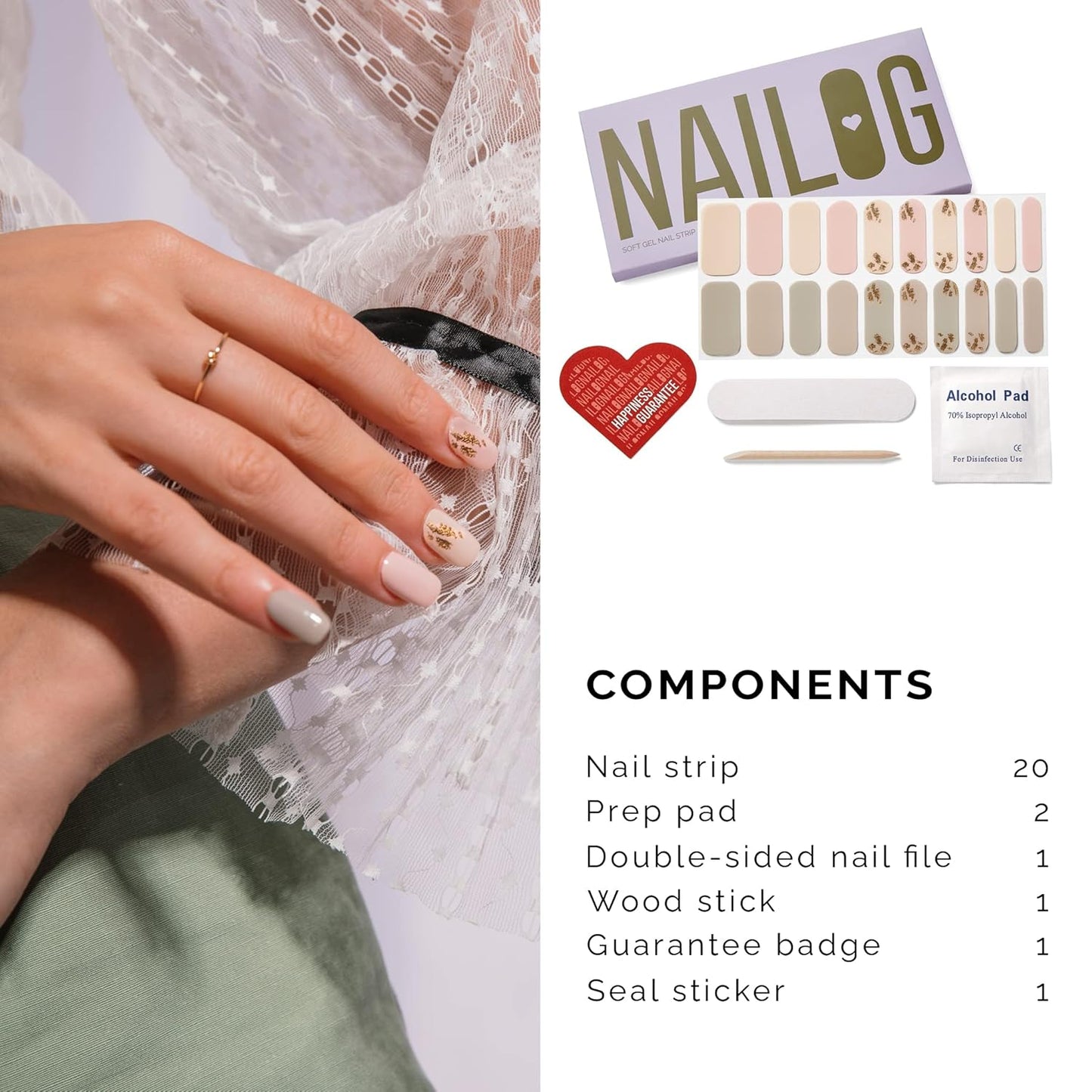 NAILOG Semi Cured Gel Nail Strips (20 Extra Long Stickers/Wraps) | Buy 2 Get 1 UV Lamp| Glossy & Long Lasting Soft Gel Finishing, Tea Time