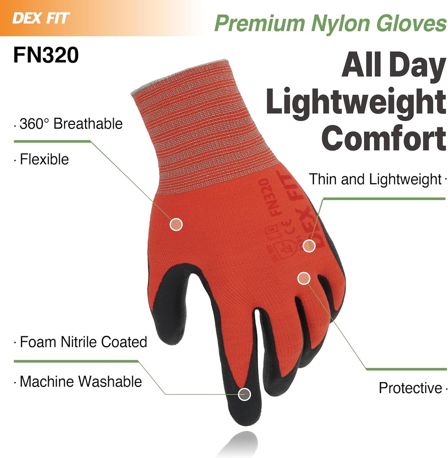 DEX FIT Nylon Work Gloves FN320, 3D Comfort Fit, Power Grip, Lightweight, Touchscreen for Men & Women, Breathable & Flexible for Yard Work DIY Mechanic Warehouse; Red 7 (S)