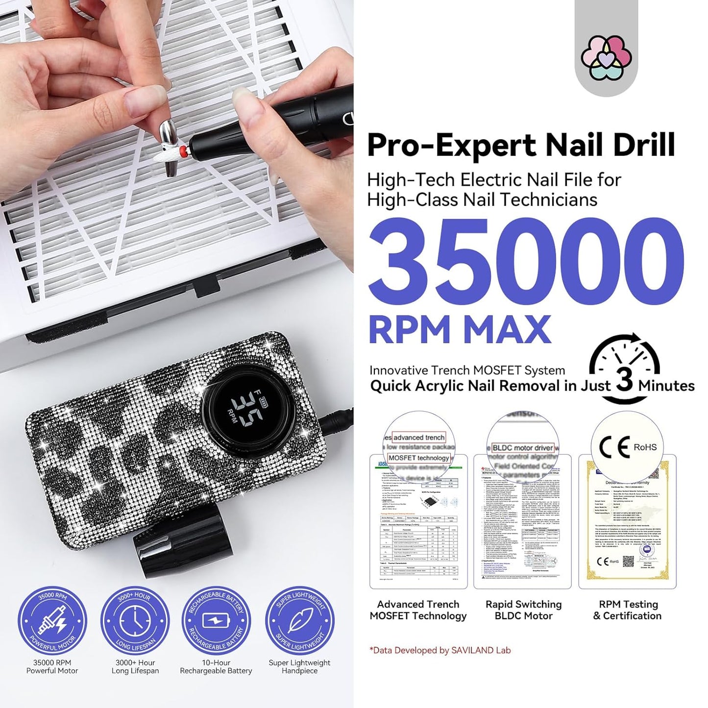 SAVILAND Acrylic Nail Drill Machine: 2024 Latest Collection Diamond Shiny Nail Drill Professional E-File Rechargeable Electric Filer Acrylic Removal Ceramic Bits Expert Salon Use Manicure Pedicure