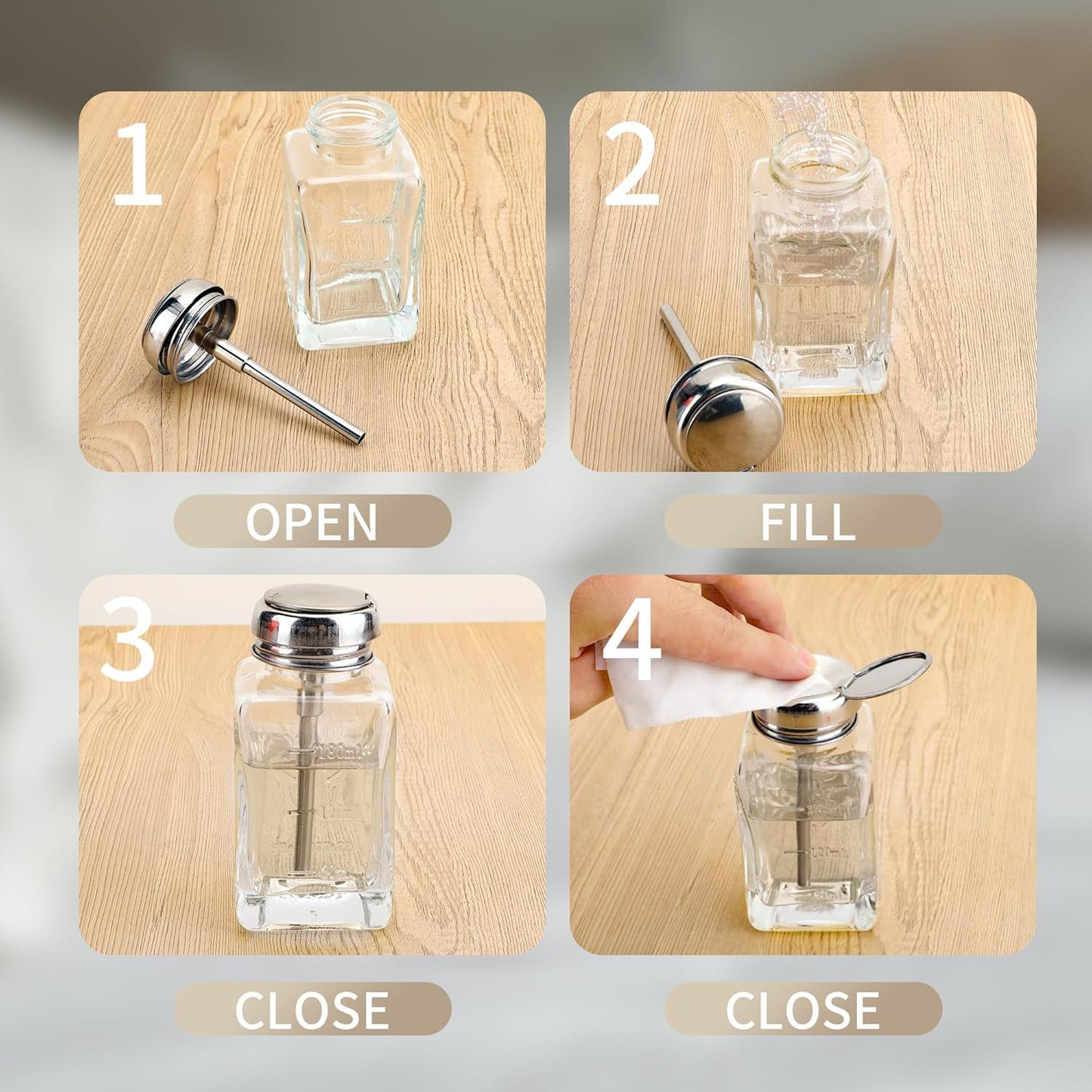 souG 3 Pcs 6 Oz/ 180 ml Clear Pump Dispenser Bottle with Metal Flip Cover Glass Nail Polish Remover Push Down Dispenser Bottle Refillable Push Down Pump Dispenser Press Container for Makeup Remover