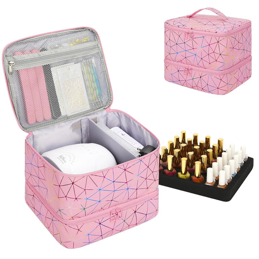 Ethereal Small Nail Polish Organizer Case Holds 32+ Bottles(15ml/0.5fl.oz) and Nail Lamp, Double Layer Nail Polish Storage Bag for Nail Kit, Manicure Tools, Diamond Pink