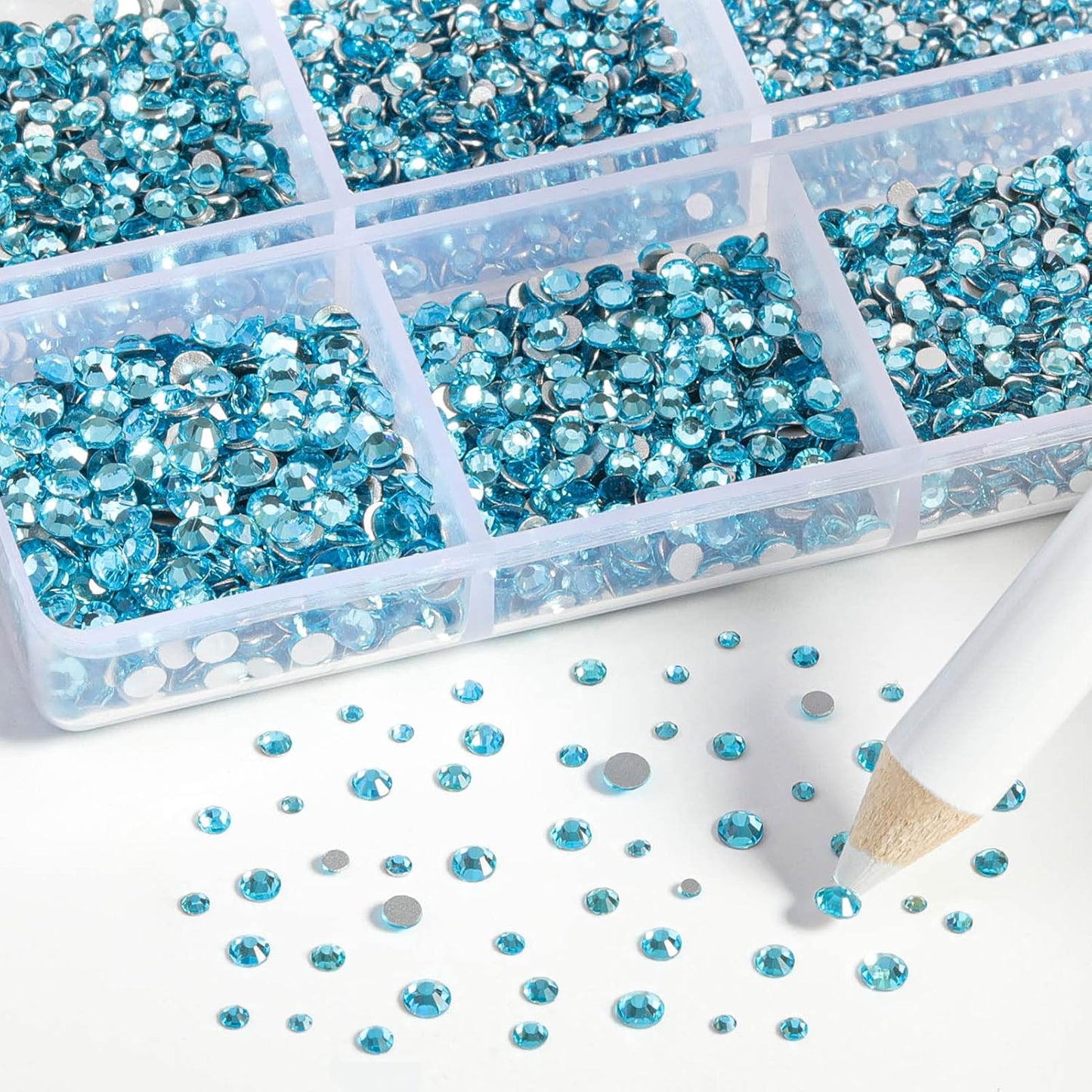 Beadsland 7200pcs Flatback Rhinestones,Blue Rhinestone Nail Gems Round Crystal Rhinestones for Crafts,Mixed 6 Sizes with Wax Pencil Kit, SS3-SS10,Aquamarine