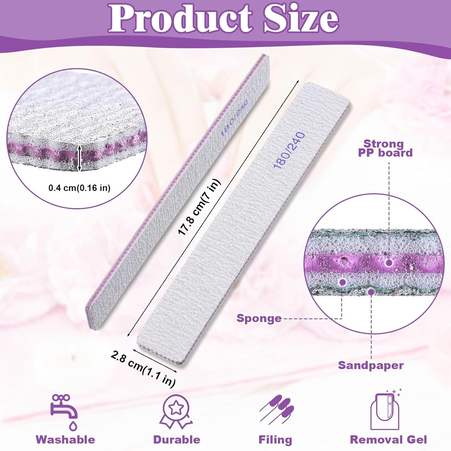 Xinnun 150 Pcs Nail Files 180/240 Grit Double Sides Professional Reusable Emery Board Nail Files for Acrylic Nails Manicure Tools Suit for Home Salon