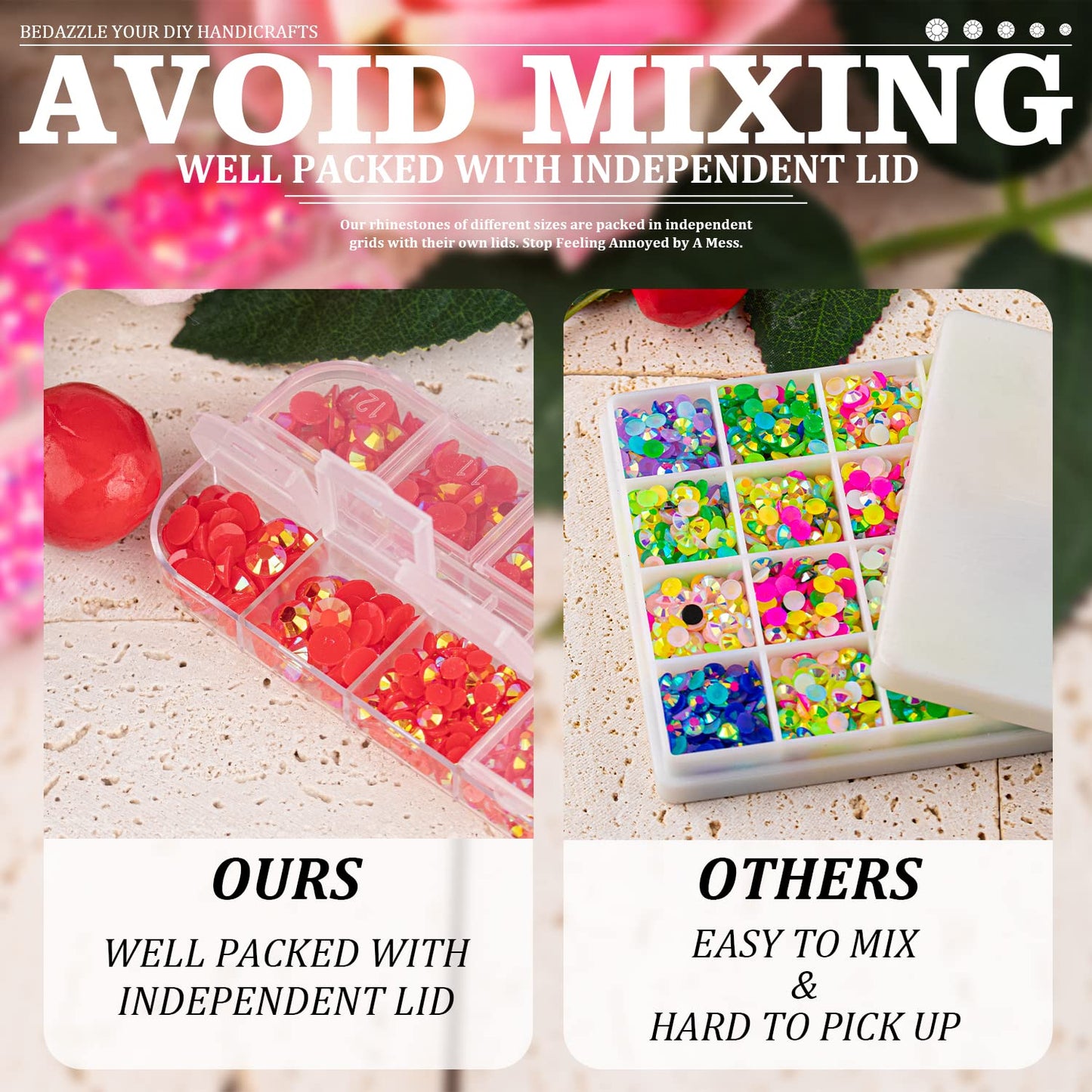 5000PCS Resin Rhinestones with Tweezers for Crafting, 2/3/4/5/6mm Flatback Jelly Rhinestones, 3 Box Red AB Non Hotfix Crystal Gems for DIY Crafts Mugs Tumblers Clothes Makeup Nail