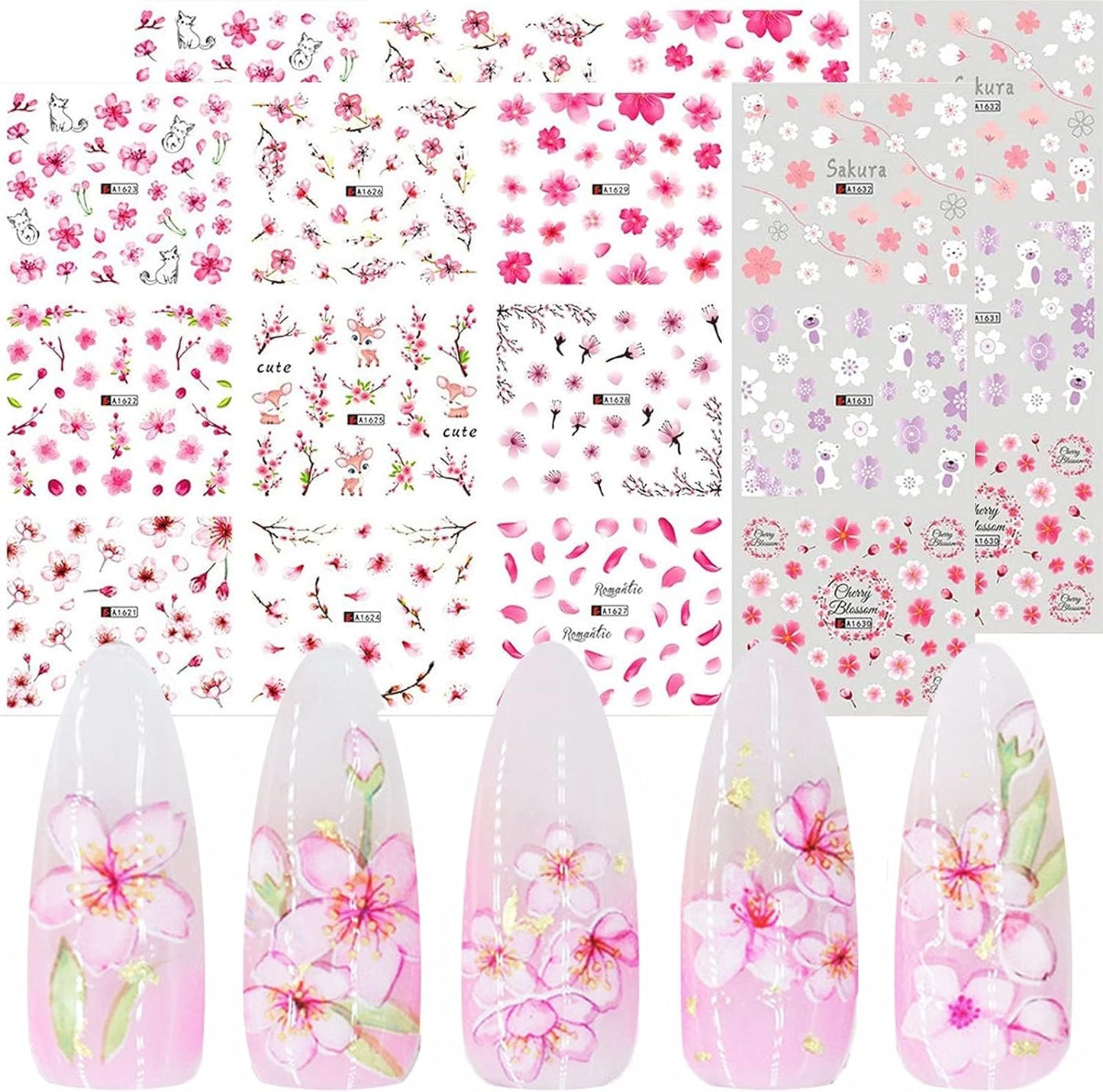 Pink Flowers Nail Stickers Pink Cherry Blossoms Decals with Tree Leaves and Animal Nail Art Sliders for Nail Art Decoration Watermark Designs Foil Nail Art Decals Manicure Tips Decorations (2 Pink)