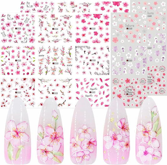 Pink Flowers Nail Stickers Pink Cherry Blossoms Decals with Tree Leaves and Animal Nail Art Sliders for Nail Art Decoration Watermark Designs Foil Nail Art Decals Manicure Tips Decorations (2 Pink)