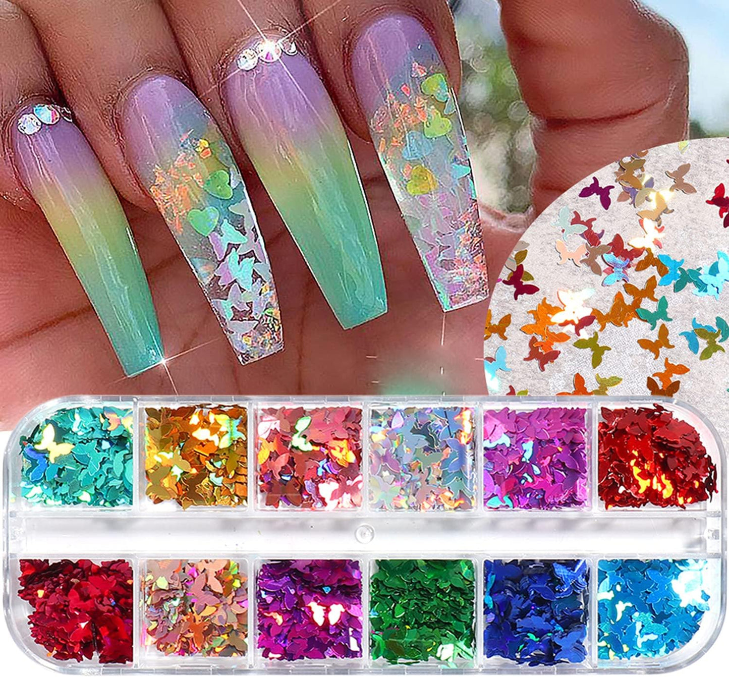 Laser Glitter Butterfly Nail Art Sequins, 3D Butterflies Sparkly Flakes Decoration-12 Colors Holographic Butterfly Shiny Design Supplies for Fingernail and Toenail Nail Accessories DIY Face Makeup