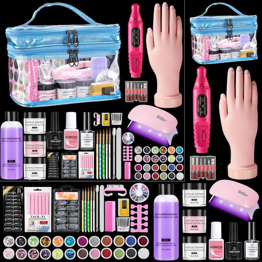 Nail Kit for Beginners with Everything: Professional Nail Acrylic Powder Liquid Set with Practice Hand Drill U V Light in Cosmetic Bag for Women Salon Home(Blue)