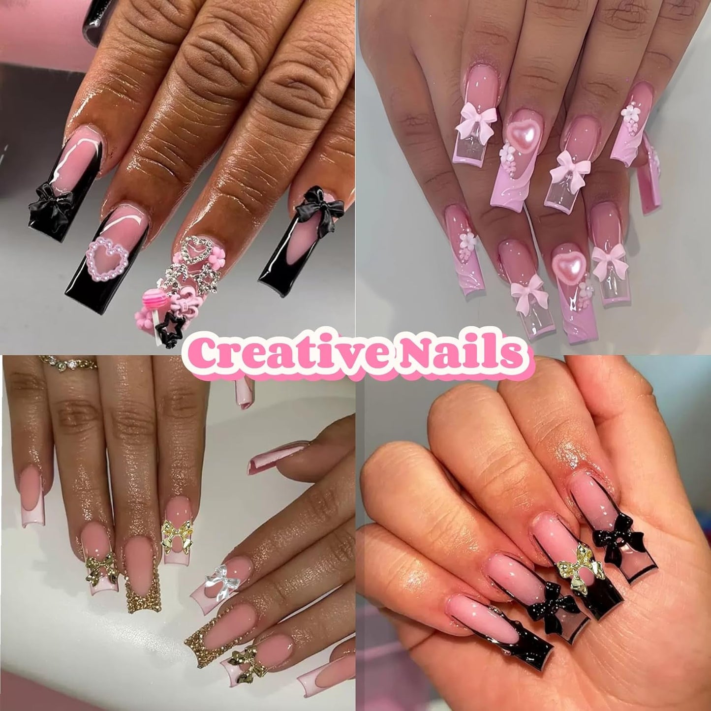 Gold Bow Nail Charms Kit, Cute Pink Flowers Bows 3D Nail Charms for Nails Decoration, White Flatback Pearls Heart Nail Art Jewels for Women Manicure DIY Crafts Accessories