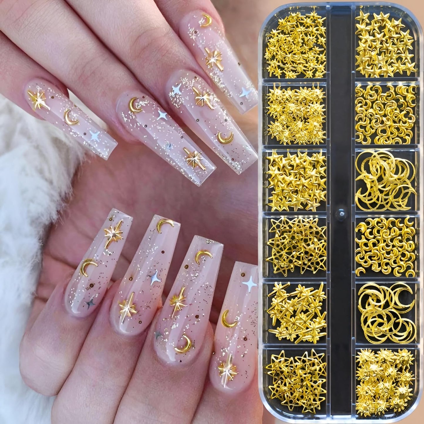 24 Grid Gold Nail Art Charms Moon Star Nail Charms and Gems Gold Nail Rhinestone for Decorations Manicure Supplies Accessories DIY Nail Art Makeup Decoration
