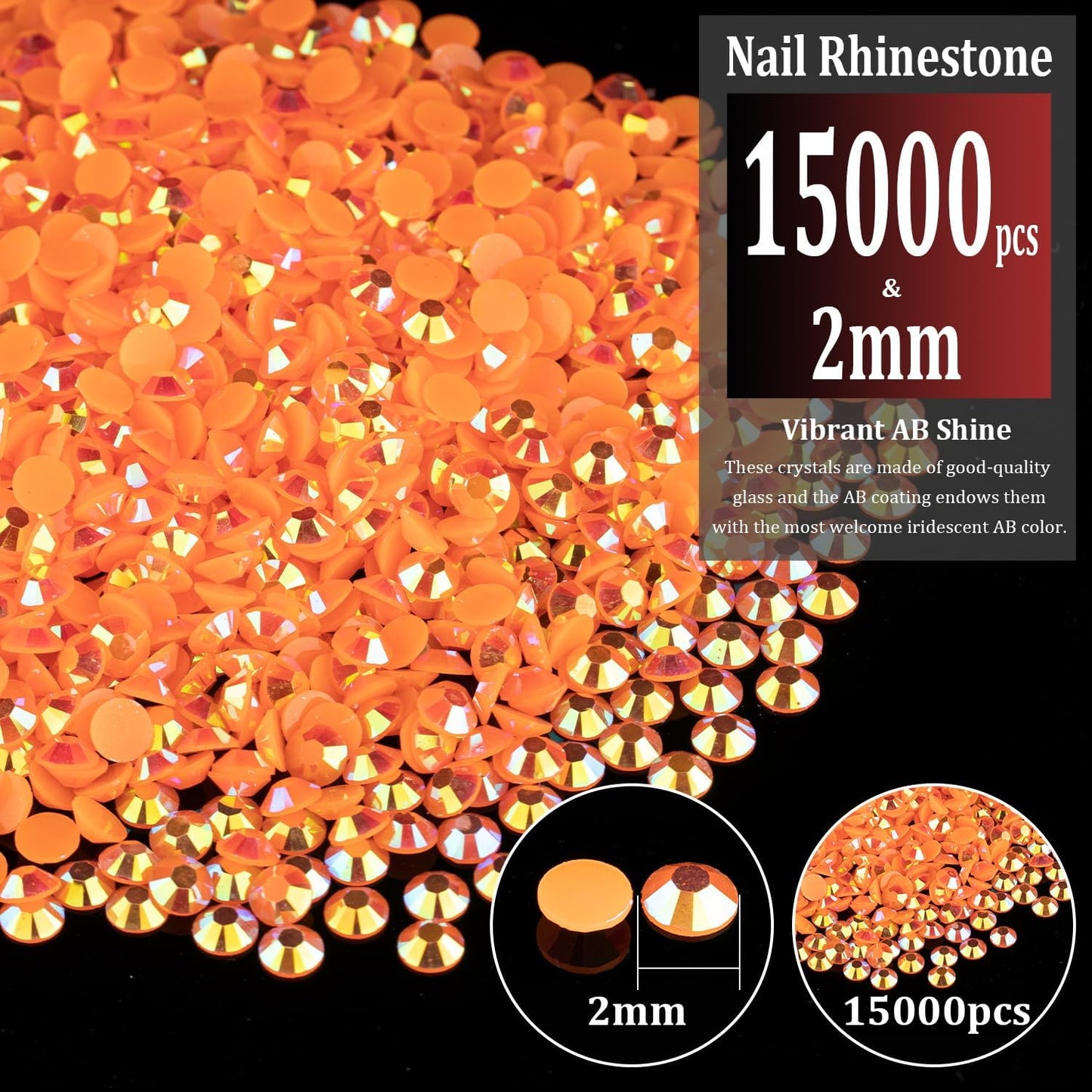 15000pcs 2mm Resin Rhinestones Bulk, Orange AB Flatback Round Jelly Rhinestones Bedazzling Non Hotfix Crystal Gems Large Quantity Wholesale for DIY Crafts Clothes Tumblers Face Makeup Manicure