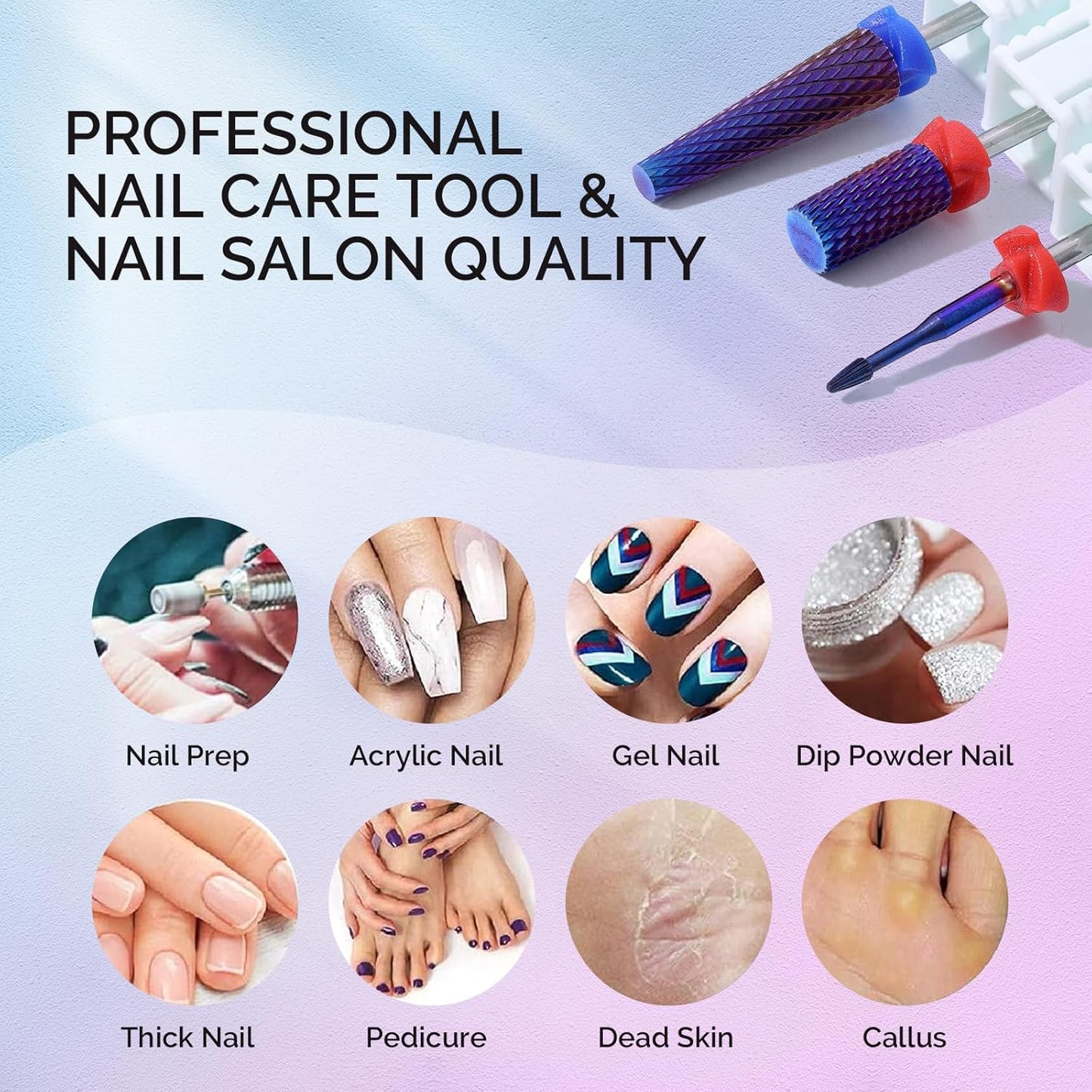 MelodySusie 3Pcs Nail Drill Bits Set, 3/32'' Carbide Tungsten Bits, Super Long 5 in 1, Flat Top Large Barrel and Cuticle Bits, Suitable for Manicure Pedicure Cuticle Gel Acrylic Remover, Purple