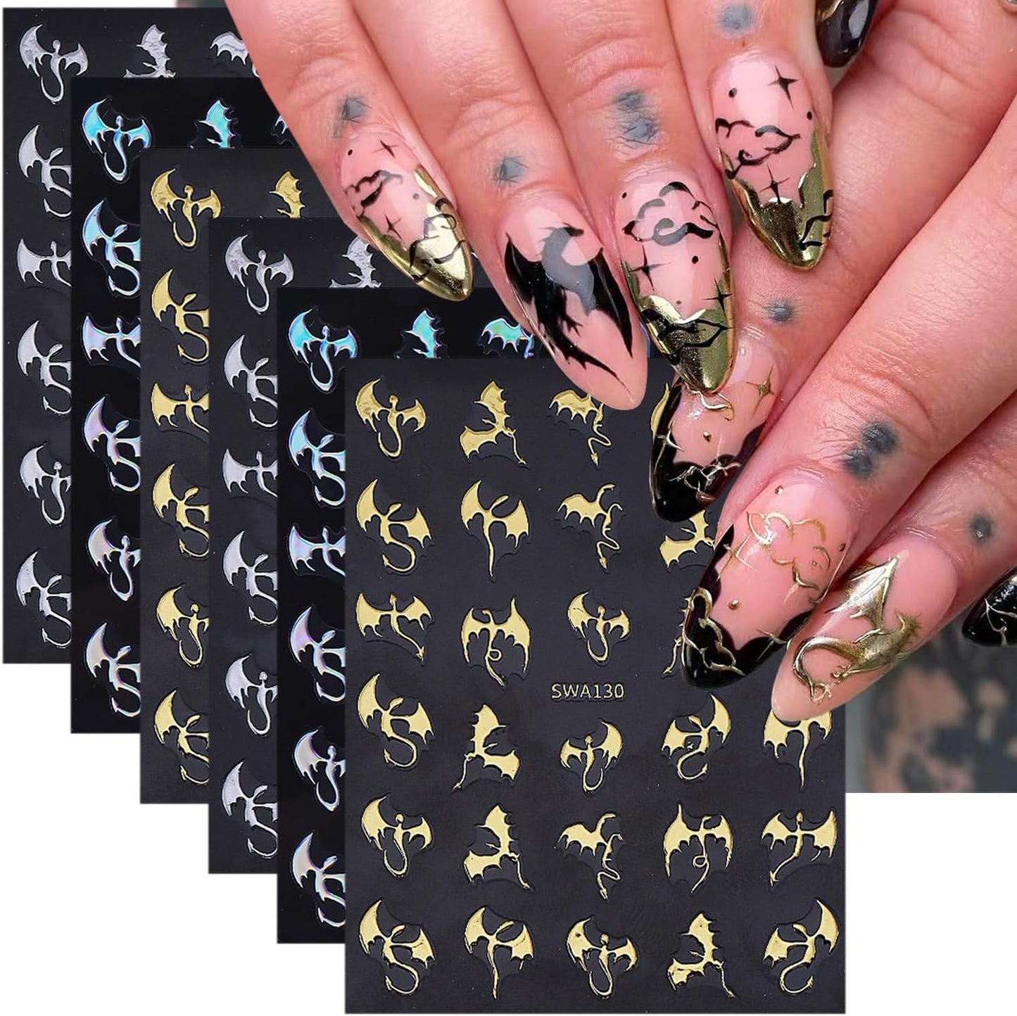 6 Sheets Halloween Nail Stickers for Nail Art Horror Bat Nail Decals Gold Silver Holographic Laser Gothic Dragon Nail Art Stickers 3D Self-Adhesive Halloween Bats Nail Design Supplies for Women