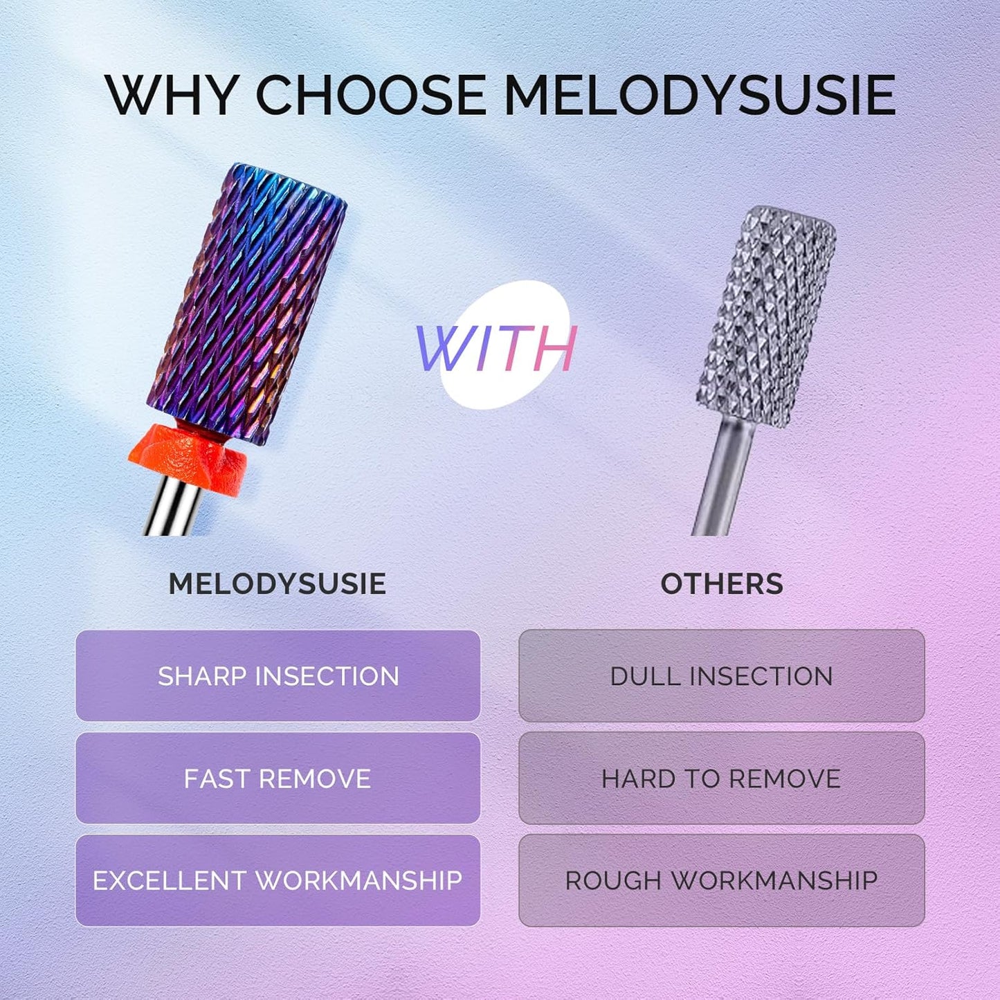 MelodySusie 3Pcs Nail Drill Bits Set, 3/32'' Carbide Tungsten Bits, Super Long 5 in 1, Flat Top Large Barrel and Cuticle Bits, Suitable for Manicure Pedicure Cuticle Gel Acrylic Remover, Purple