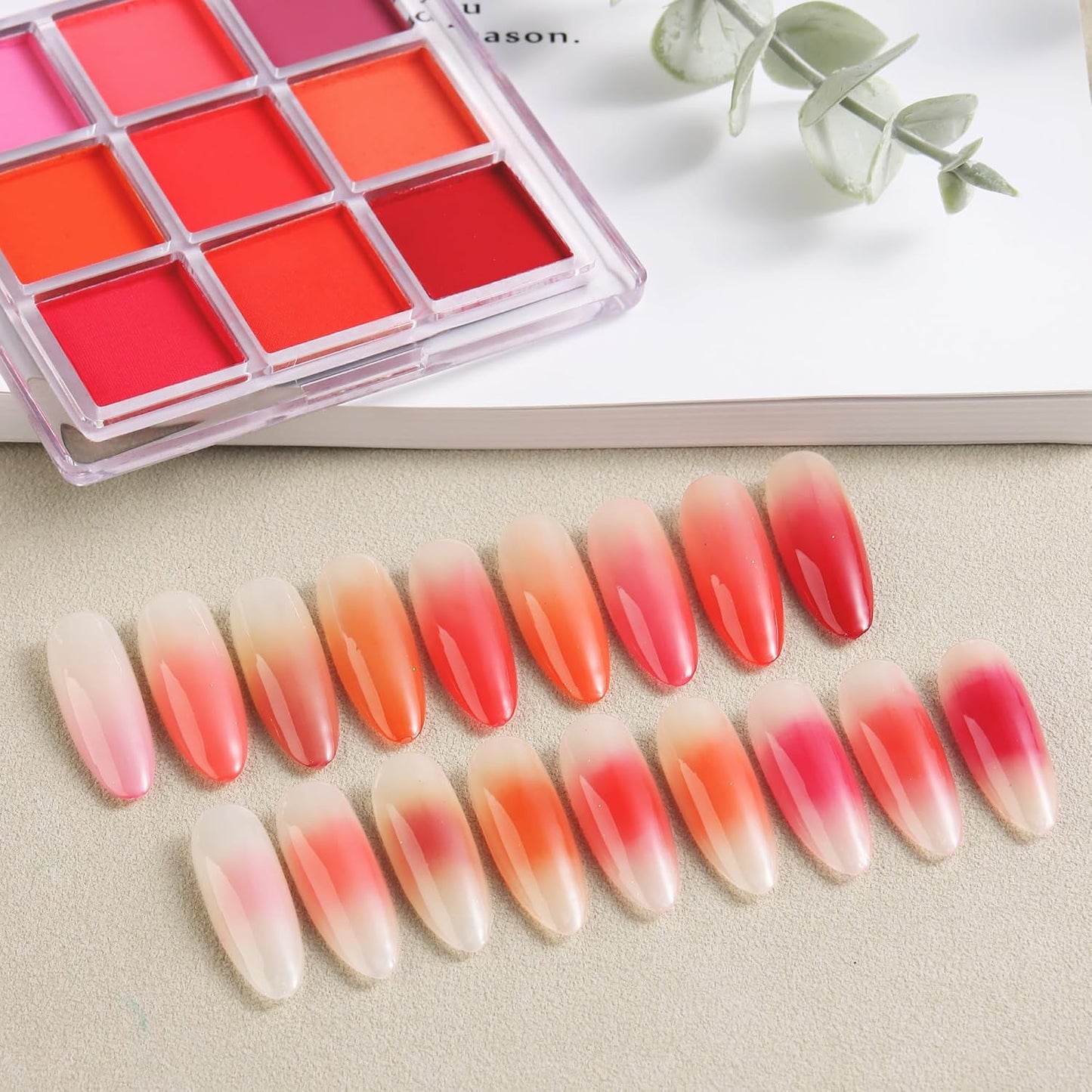 Nail Pigment Palette - Gradient Red Ombre Color Nails Powder - Fine Solid Neon Nail Art Pigment for DIY Design Manicure Beginners - Includes 5 Sponge Sticks, 1 Brush
