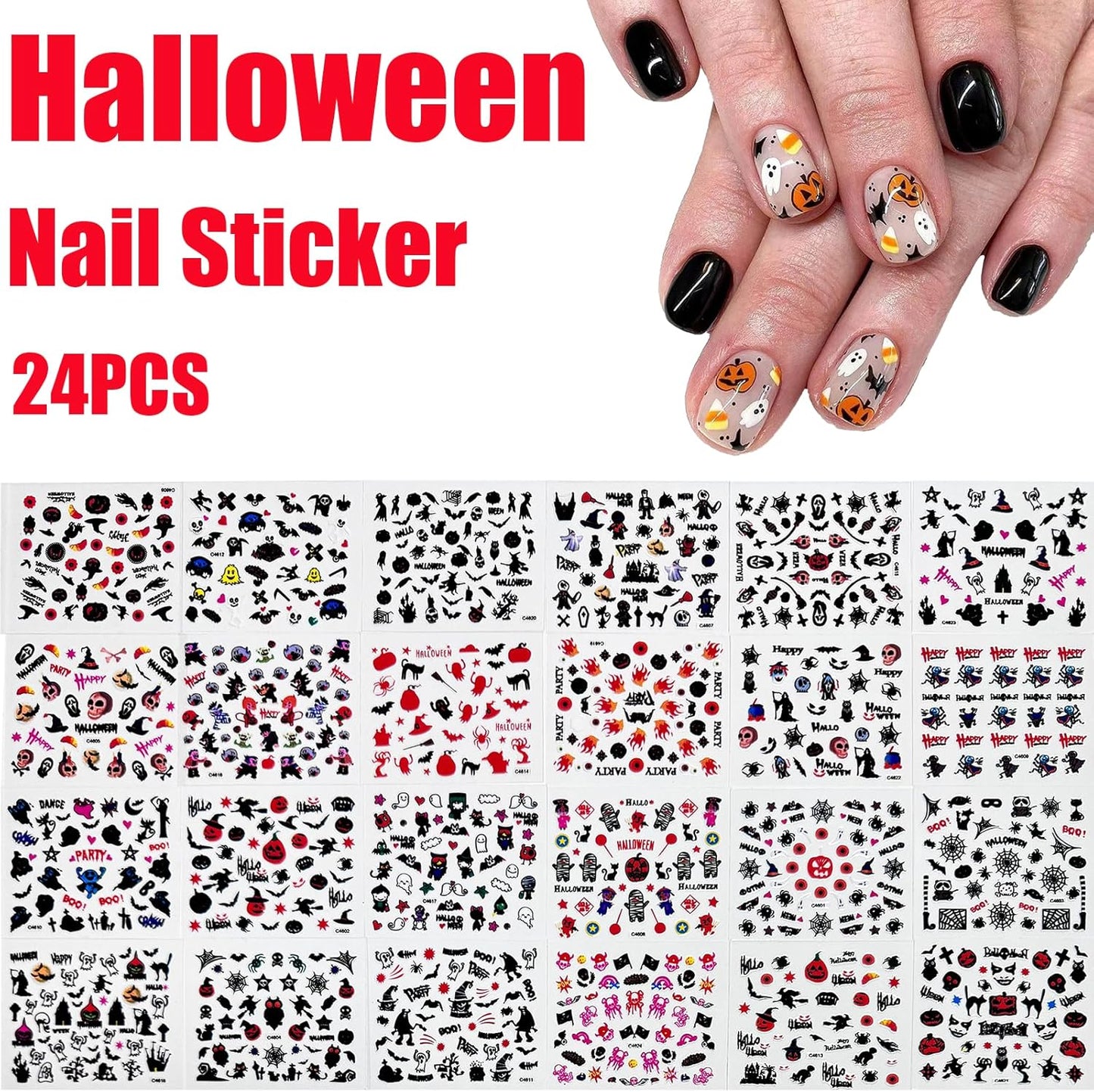 24 Sheets Halloween Nail Art Stickers 3D Self-Adhesive Nail Decals Scary Ghost Face Nail Supplies Spider Web Skull Witch Bat Designs Acrylic Nail Accessories for Women Kids DIY Manicure Decorations