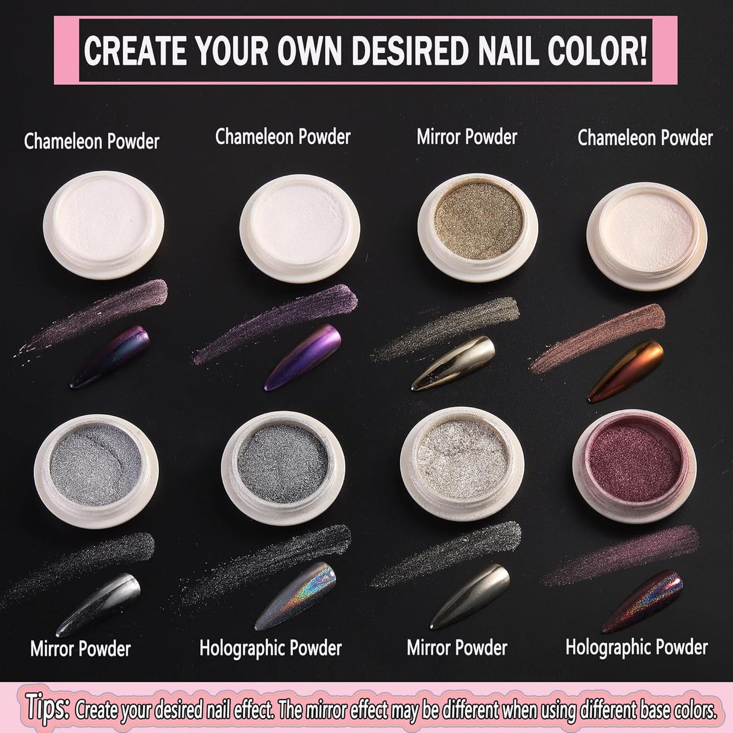 Chrome Nail Powder 8 Colors Chrome Powder for Nails Art Glitter Mirror Effect Holographic Pigment Aurora Iridescent Chameleon Powder 8g/Jar,Manicure Decoration Supplies,8 Sponge Sticks