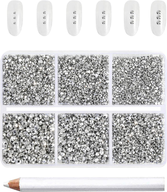 Beadsland 7200pcs Flatback Rhinestones,Silver Rhinestone Nail Gems Round Crystal Rhinestones for Crafts,Mixed 6 Sizes with Wax Pencil Kit, SS3-SS10,Silver Hematite