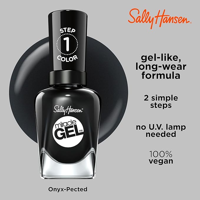 Sally Hansen Miracle Gel Salon Quality Nail Polish | Gel-Like Formula, Two-Step System, No UV Light Needed, Long Lasting | Opaque, | Opaque, Glossy | 849 Onyx-Pected | Black Nail Polish