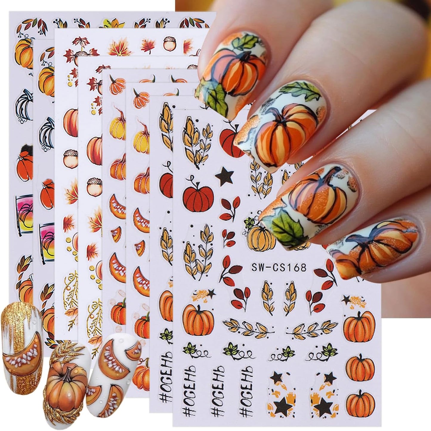 8 Sheets Fall Nail Art Stickers 3D Self-Adhesive Autumn Nail Stickers Maple Leaf Pumpkin Designs Sticker Nail Art Supplies Thanksgiving Nail Decals for Women Girls Acrylic DIY Manicure Decorations
