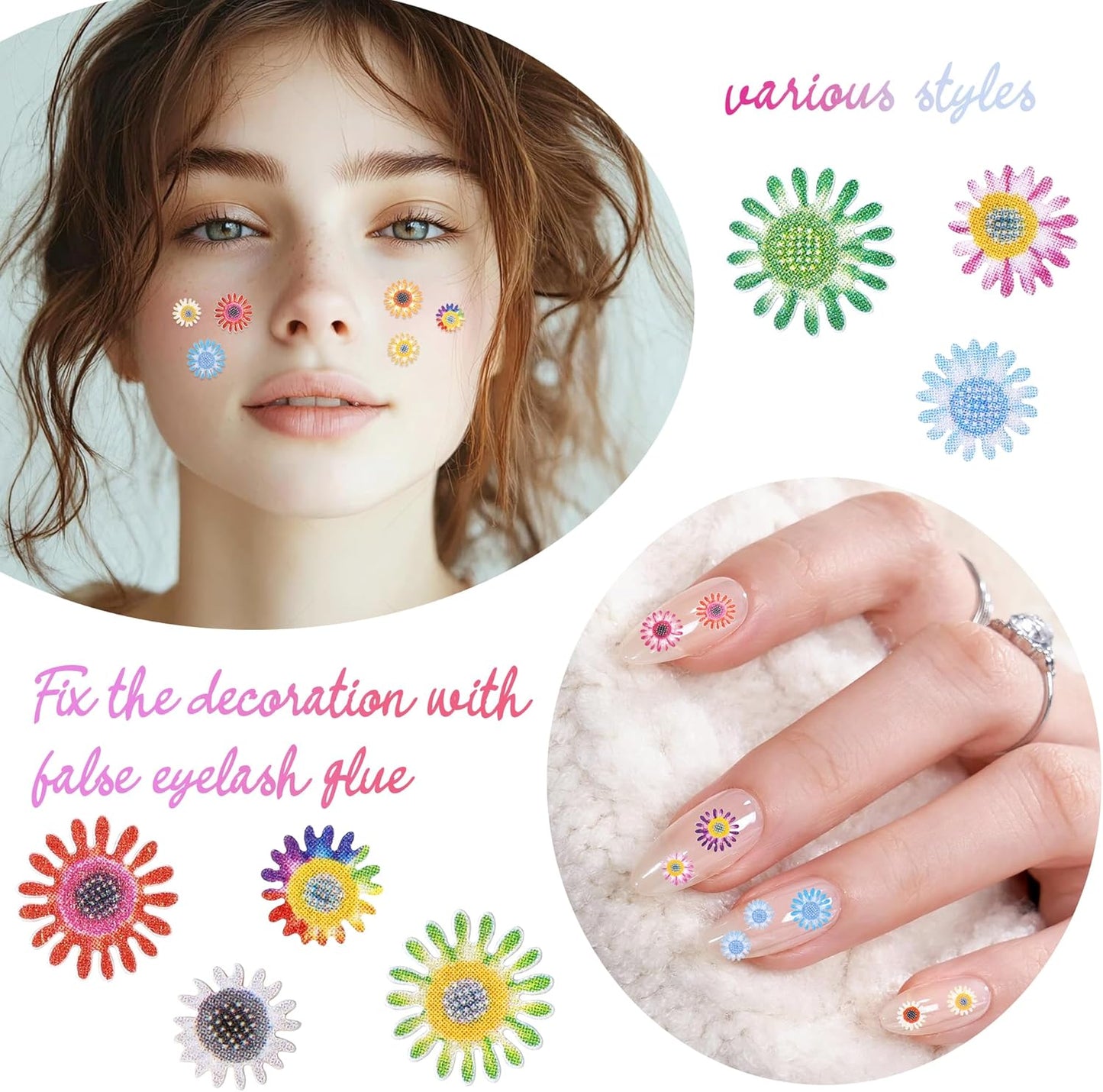 300Pcs 3D Flower Nail Art Charms Sequins Decals Colorful Mixed Daisy Design Slice Nail Flowers Ultra Wood Pulp Flakes Sequins 3