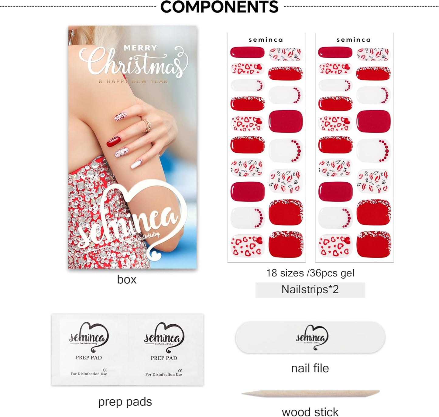 Semi Cured Gel Nail Strips-Magenta Sparkle with Pink Winter Designs, 36Pcs Almond Fake Nails, Christmas Party Nails,Works with Any UV/LED Lamps(Romance-Sign)