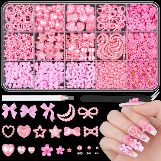 3D Nail Charms for Coquette Nails Design Set 4, Pink Nail Bows + Assorted Pearl Heart Star Moon Bowknot Cute Nail Jewels + 3D Flower Charms and Nail Pearls, with Picker Tools for Nail Decor