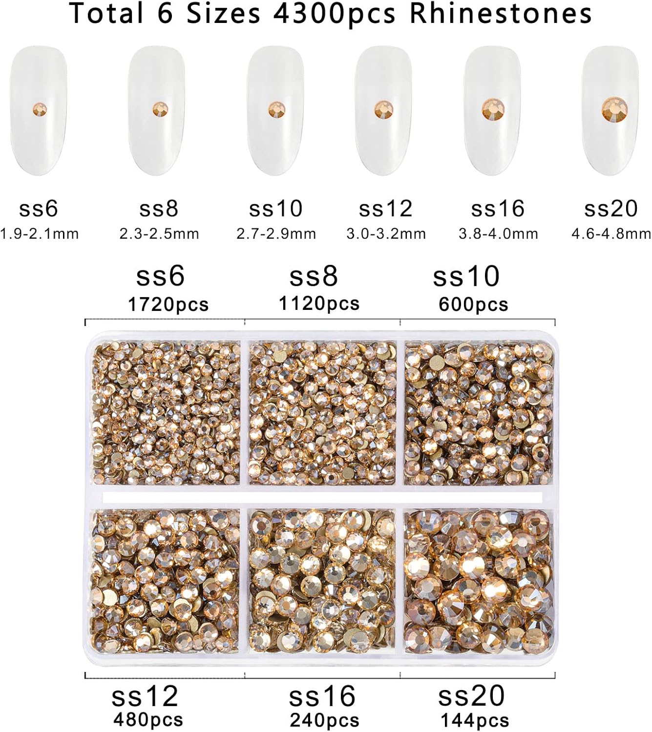 Beadsland 4300pcs Flatback Rhinestones,Gold Rhinestone Nail Gems Round Crystal Rhinestones for Crafts,Mixed 6 Sizes with Picking Tweezers and Wax Pencil Kit, SS6-SS20,Golden Shadow