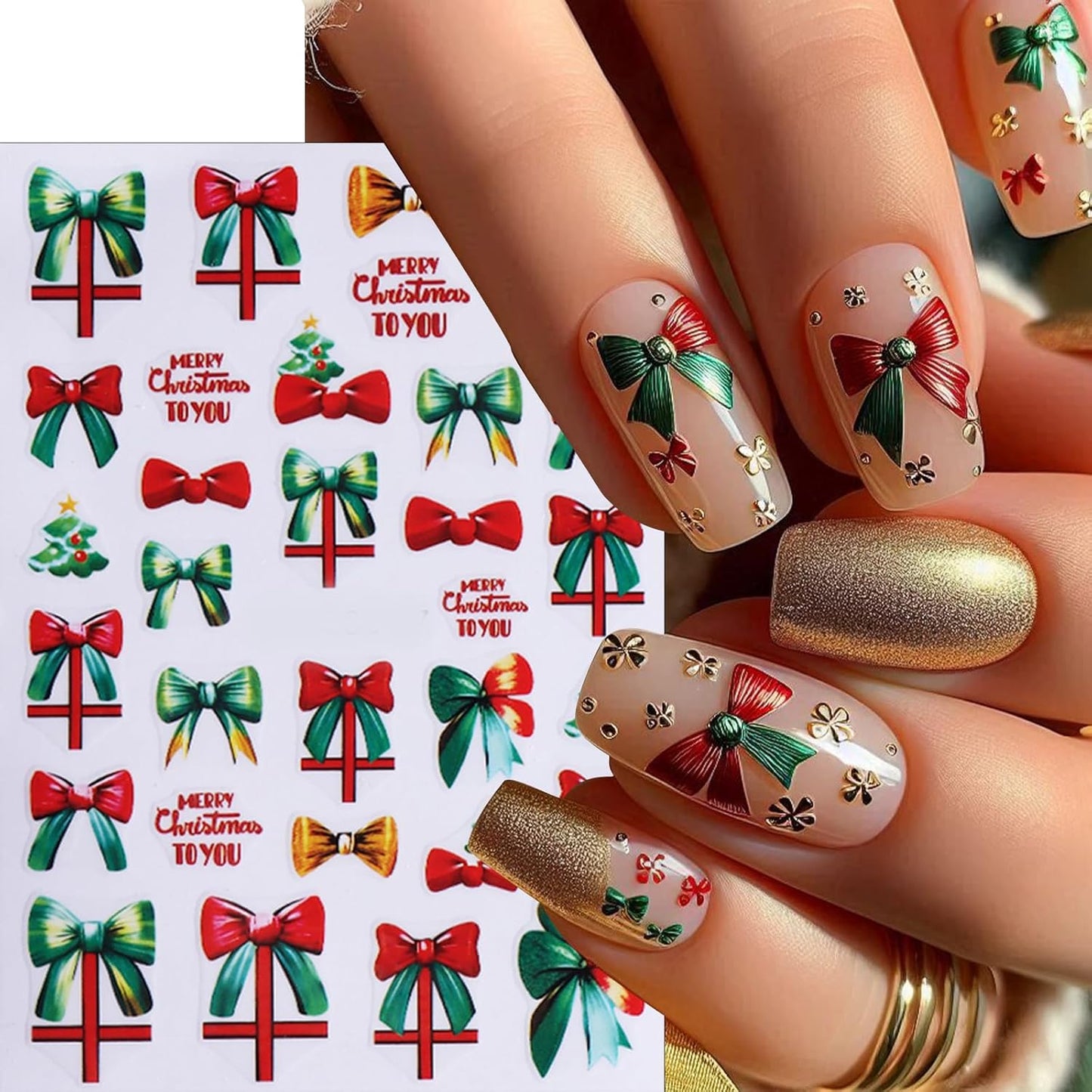 Christmas Nail Art Stickers 3D Self-Adhesive Holly Sprig Bow Snowman Glitter Xmas Tree Designs Nail Stickers Santa Claus Elk Flower Nail Decal for Women DIY New Year Manicure Decoration 5 Sheets