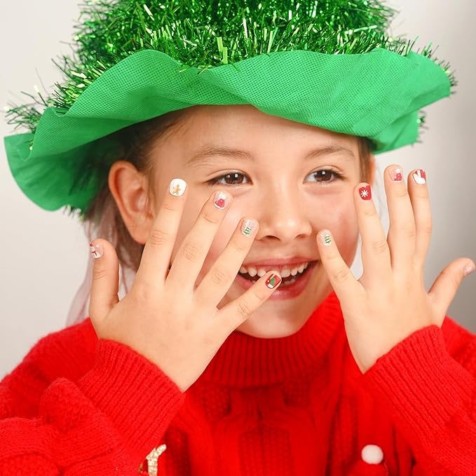 DANNI & TONI Kids Gel Nail Strips Christmas Tree Snowman Snowflake Red Cat Eye Salon-Quality Peel & Stick Manicure for Children (Age 6+)– Safe, Long-Lasting, Easy to Apply | Jingle & Glow