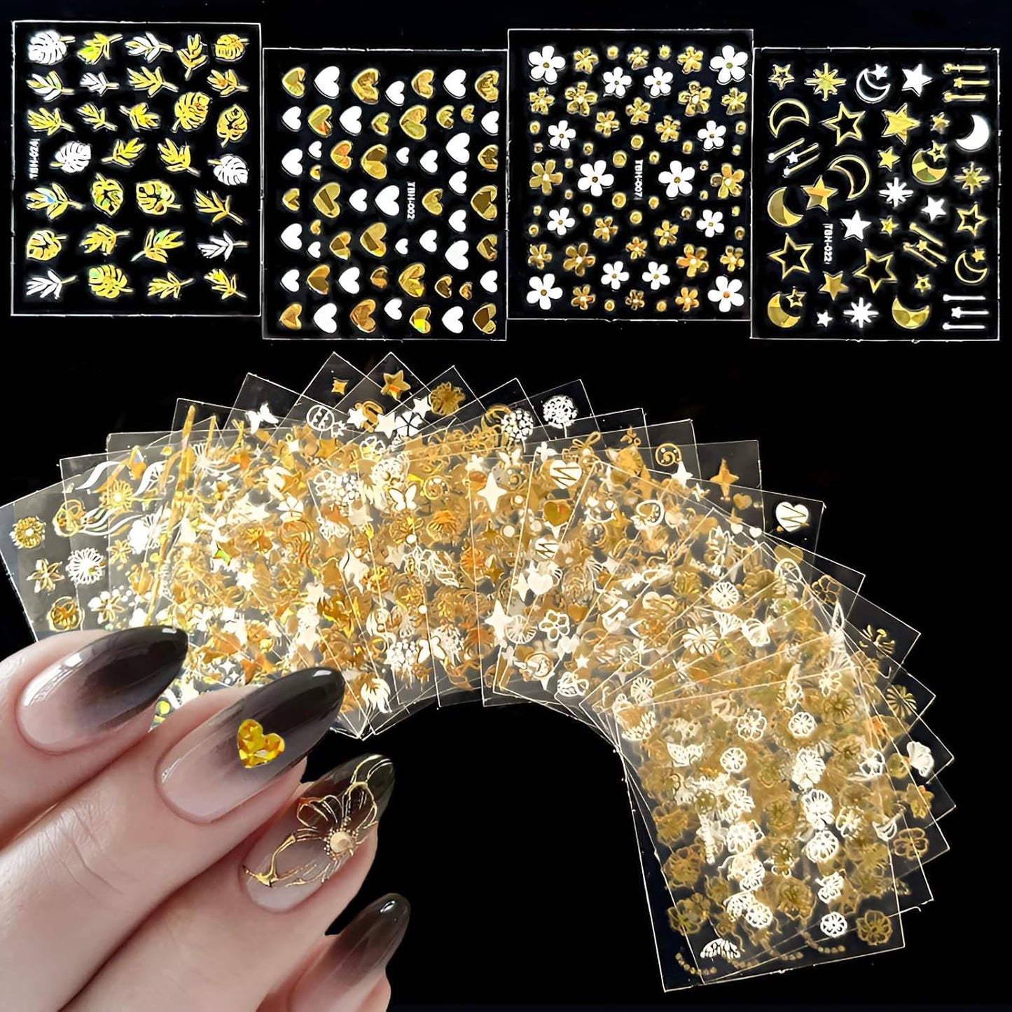 Gold Nail Art Stickers - 30 Sheets, 3D Self-Adhesive Leaf, Flower, Star, Moon, Heart, Snowflake Designs for Women & Girls