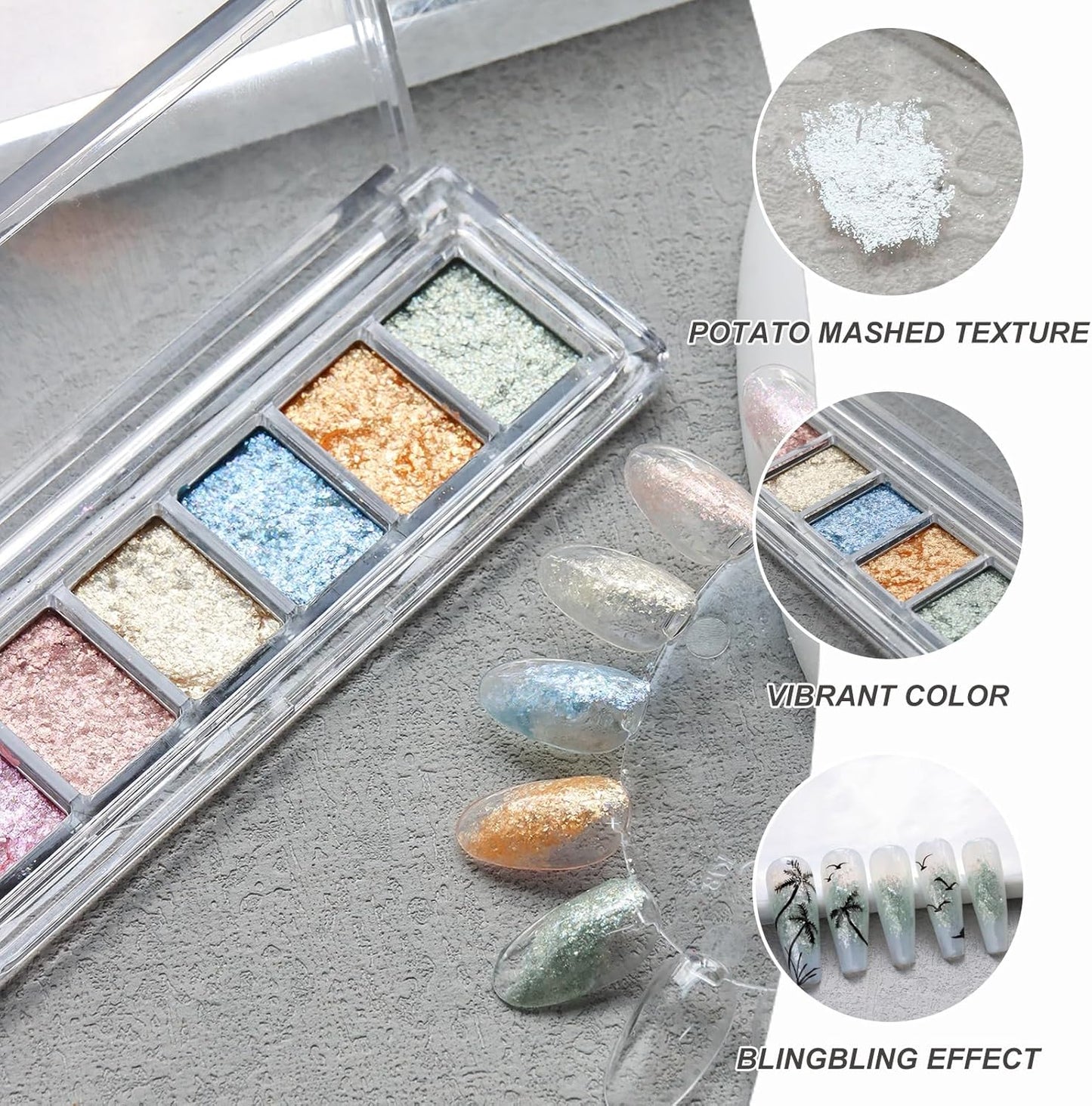Holographic Mermaid Nail Glitter Foil Sequins 6 Colors Aurora Chameleon Nail Foil Flakes Mud Iridescent Fairy Dust Nail Powder for DIY Paillettes Manicure Nail Art Designs