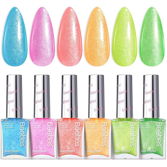 Beetles Neon Nail Polish Set, 6 Colors Glitter Nail Polish Kit Shimmer Pink Blue Green Yellow Orange Neon Fever Quick Dry Fingernail Polish Gifts for Women Salon DIY Manicure Kit
