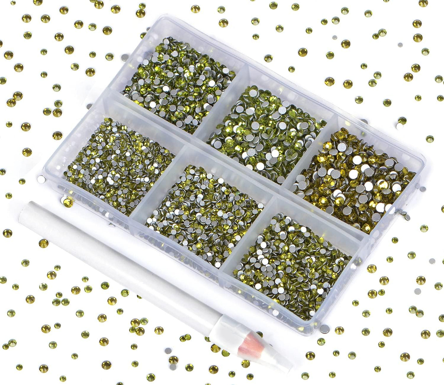 Bymitel 7200 Pieces 6 Mixed Sizes Glue Fix on Glass Rhinestones Round Crystal Gems Flatback for DIY Jewelry Making with one Picking Pen(6-Sizes 7200PCS, Olivine)