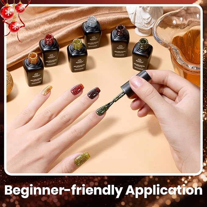 Beetles Glitter Gel Nail Polish Set – Vintage Luminary 6 Sparkling Red Gold Green Colors Reflective Long-Lasting UV LED Soak Off Gel Holiday Party Nail Art Kit Chirstmas Gift for Women