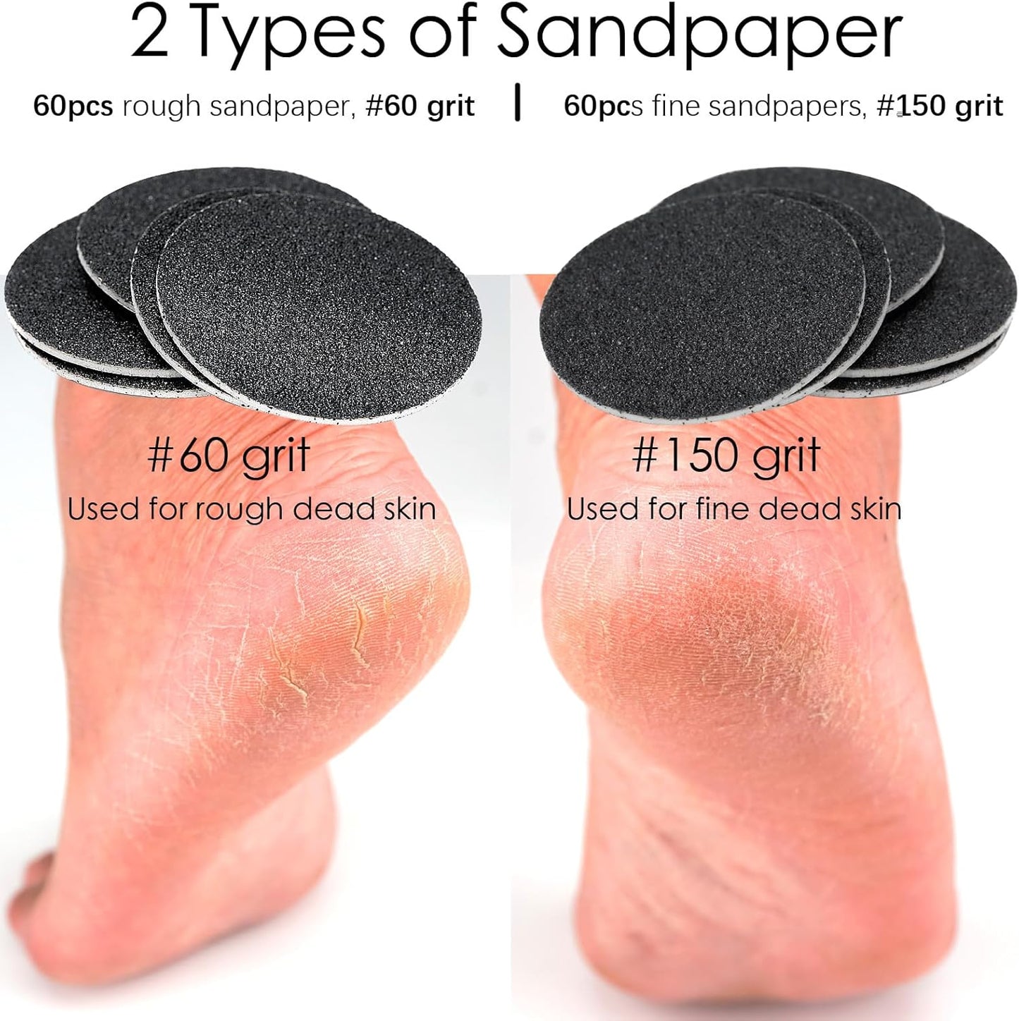 120pcs Replaceable Sandpaper Discs 60 Grit 150 Grit, Thick Self-Adhesive Replacement Sandpaper Refill Sanding Pads for Electric Foot Callus Remover Feet Sander (60 Grit +150 Grit)