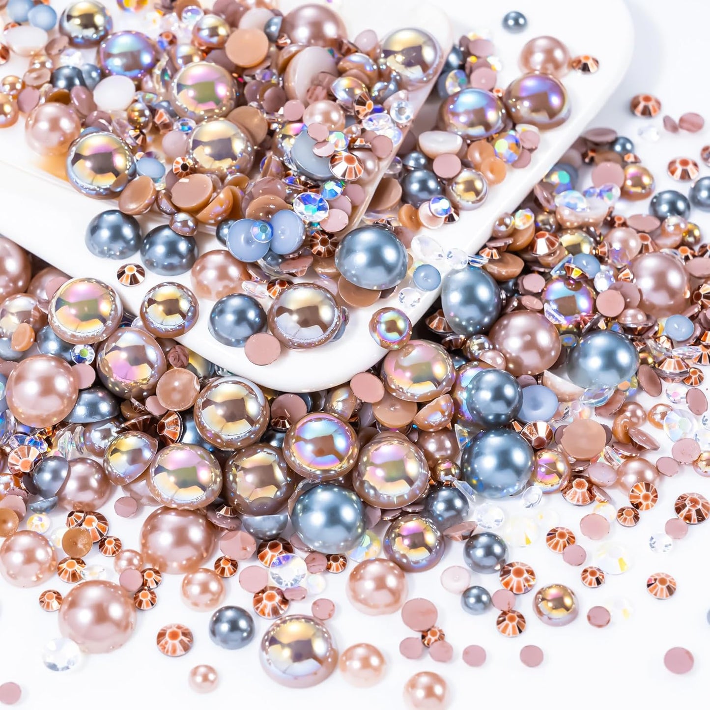 60g Coffee Flatback Rhinestones Half Pearls for Crafting, Mixed Size 3mm-10mm Resin Rhinestones for Bedazzling, Small Pearls for DIY Tumblers Mugs Nail Art Shoes Clothes with Glue