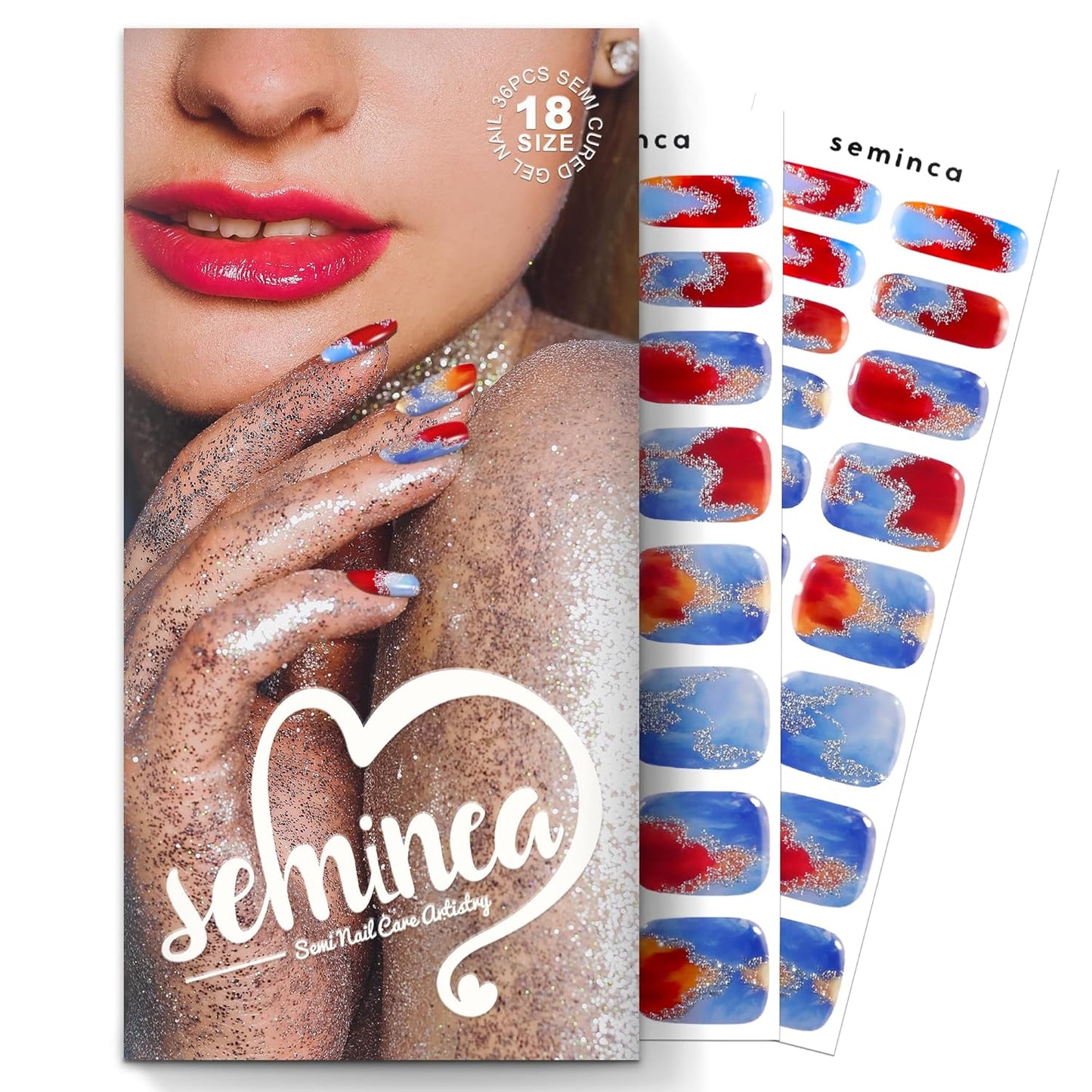 Semi Cured Gel Nail Strips-Blue Sky Press on Nails with Red Clouds Aurora Shimmer & Color Shifting Glitter, Coffin Semi Cured Gel Nail Strips, Dreamy Nail Art(Dreamscape Gradient)