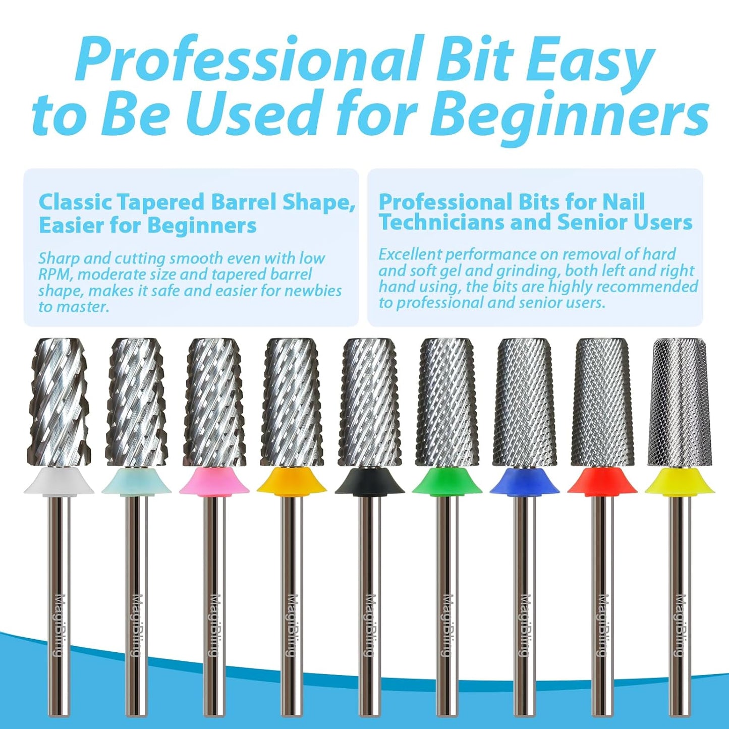 Professional Nail Drill Bits, Tungsten Carbide Cross Cut Tapered Barrel 3/32'' Safety Bits, Left and Right Hand Use, Remove Gel Fast, Manicure Pedicure Cuticle Gel Polishing, Medium.