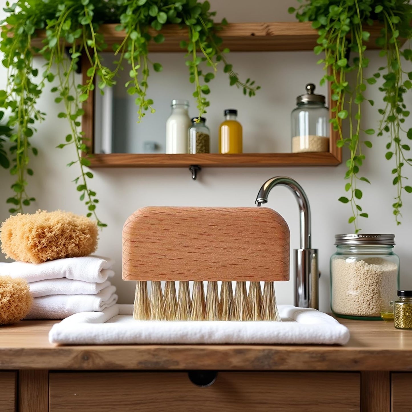 Brown Wooden Nail Brush, Natural Beech Wood Bristle Nail Brush Non-Slip Fingernail Hand Scrub Brush Nails and Toes Cleaning Tools Accessories