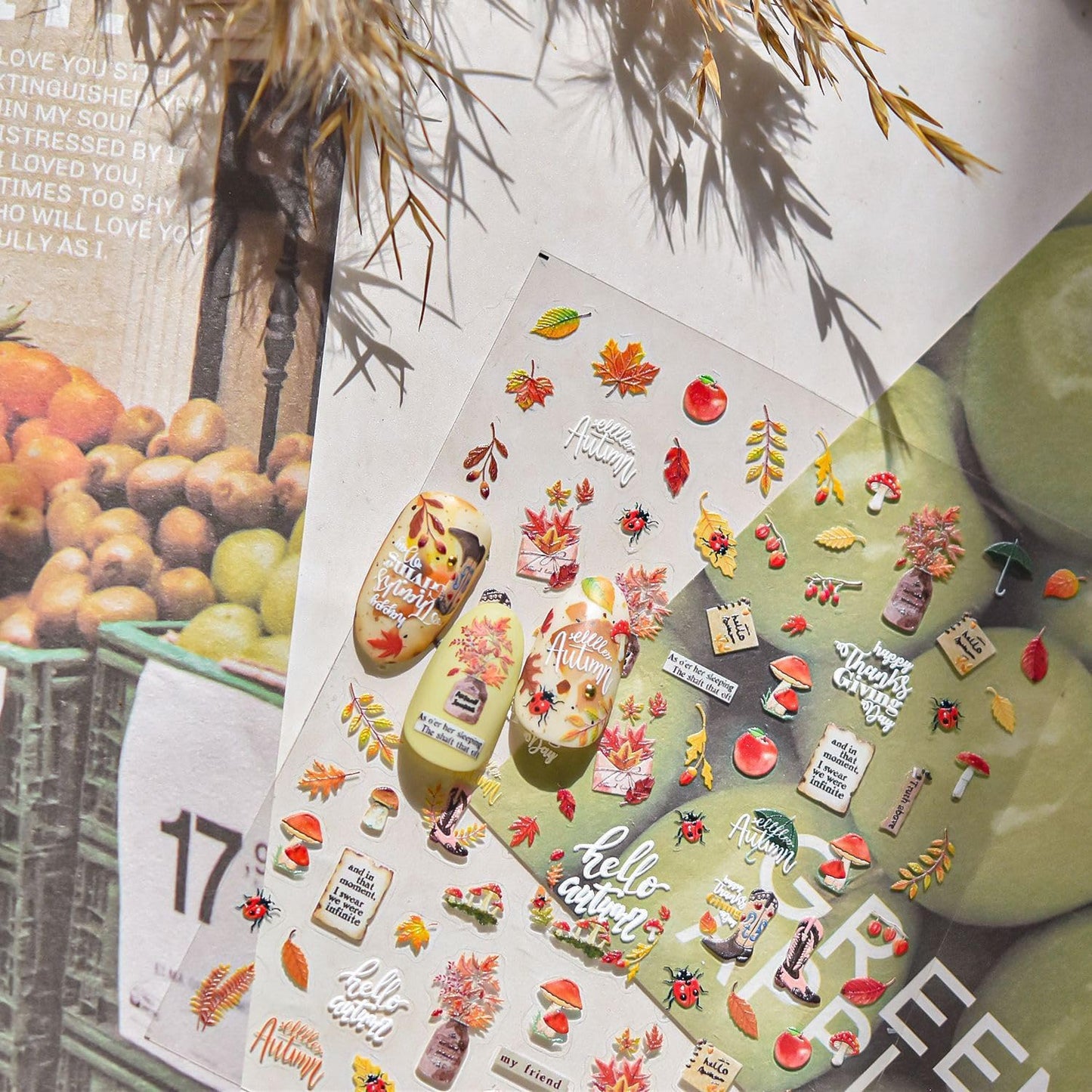 Fall Nail Art Stickers Decals 5D Embossed Red Maple Leaf Nail Decals Self-Adhesive Mushroom Apple Beetle Nails Design Autumn Stickers Thanksgiving Nails Art Supplies for Women DIY Manicure Decorations
