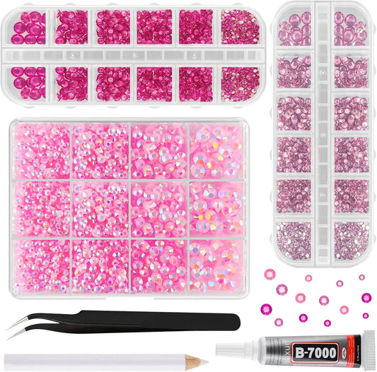ASTARON Pink Resin Rhinestones for Crafting, 2mm-6mm Mixed Flatback Resin Gemstones for Crafts Gems Bulk Jelly AB Bedazzling Diamonds with Glue for Nails, Tumblers, Mugs Decoration