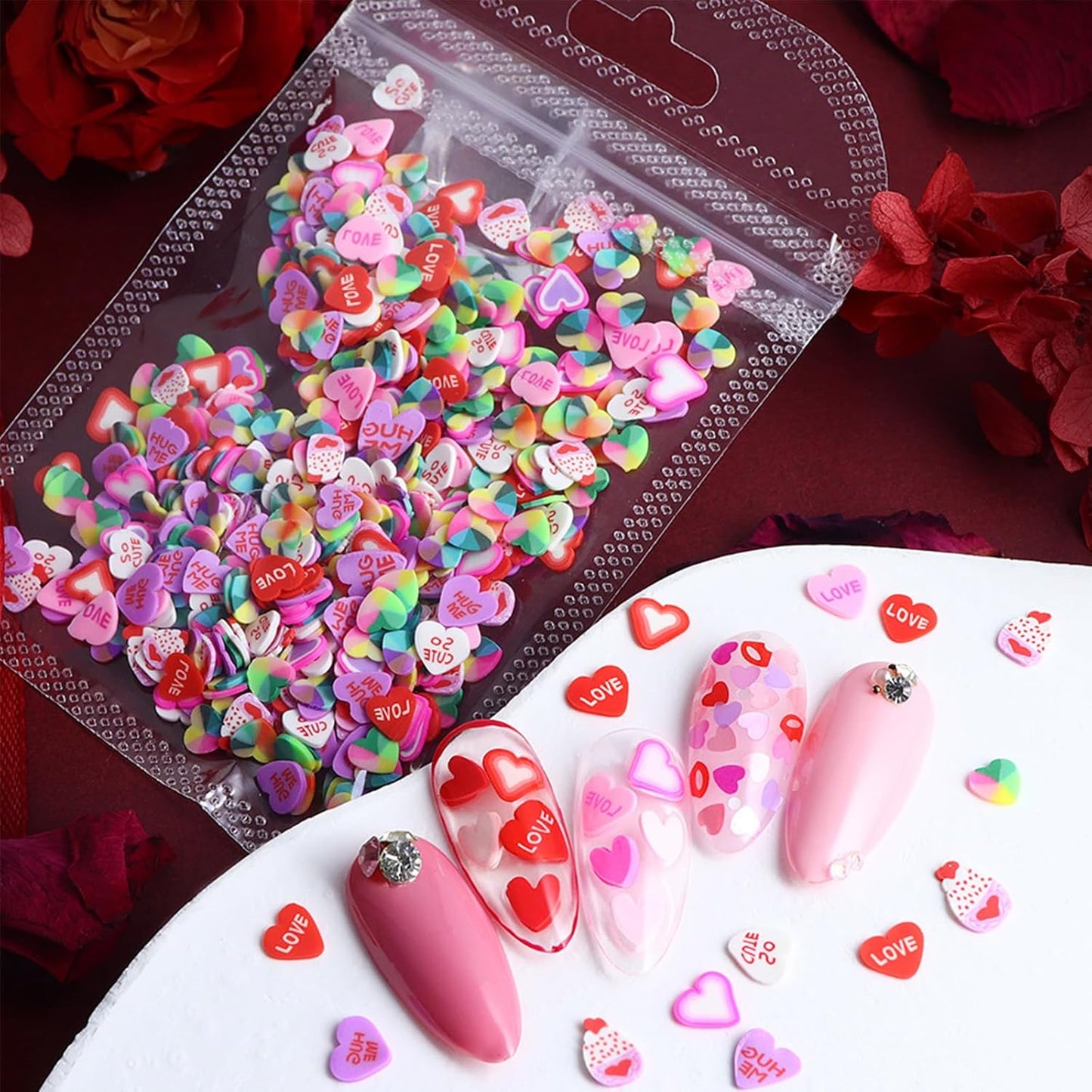 480Pcs Colorful Heart Nail Art Charms for Manicure Decoration Valentine's Day 3D Pink Red Heart Polymer Clay Nail Charms Bag-Packed Love Soft Clay Slices Nail Art Accessories Mixed Style DIY
