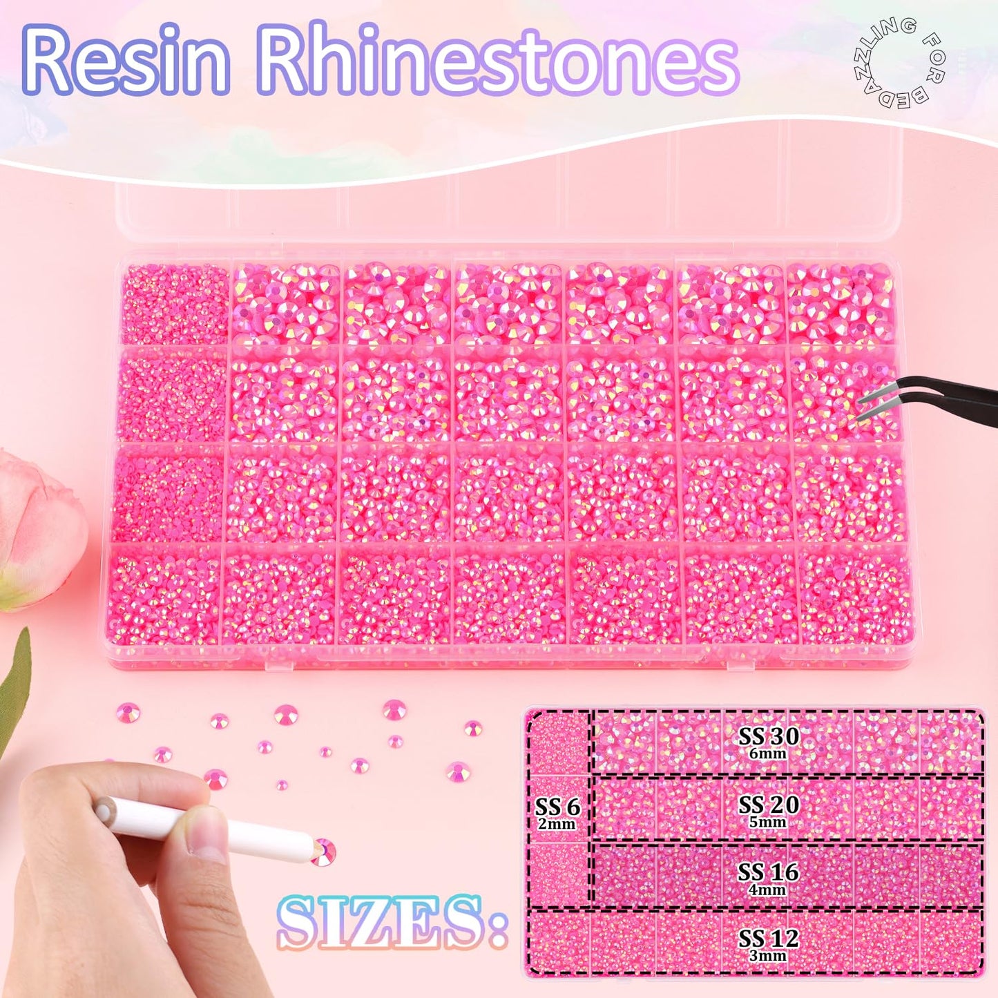 30000Pcs Resin Rhinestones for Bedazzling with B7000 Jewelry Glue, Hot Pink AB Flatback Gems Rhinestones for Crafting, Clothing Tumblers Mugs Shoes Fabric Decor Nail Art
