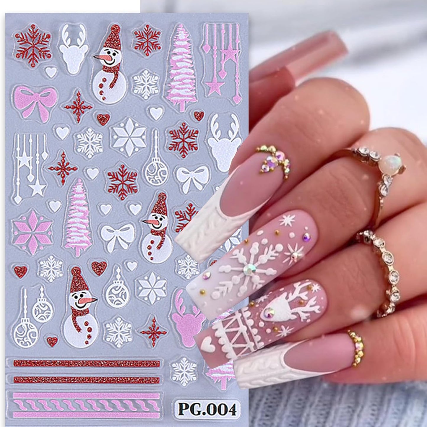 5Pcs Christmas Nail Art Stickers Decals Embossed Self-Adhesive Snowmen Nail Sticker Colorful Firework Snowflake Xmas Tree Elk Nail Decals Nail Supplies for Women DIY New Year Xmas Holiday Nail Decor
