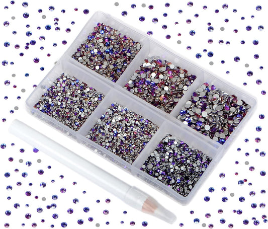 Bymitel 7200 Pieces 6 Mixed Sizes Glue Fix on Glass Rhinestones Round Crystal Gems Flatback for DIY Jewelry Making with one Picking Pen(6-Sizes 7200PCS, Purple Velvet)