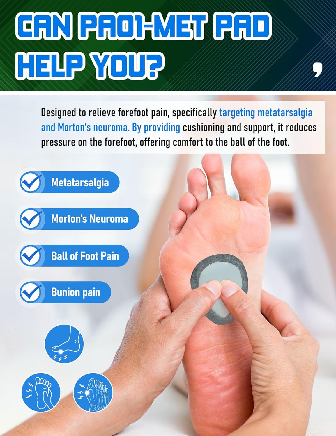 Metatarsal Pads for Men, Ball of Foot Cushions for Pain Relief, Comfortable Forefoot Support for Metatarsalgia and Morton's Neuroma, 1/3 Inch Thick Self-Adhesive Foot Pads, 2 Pairs L