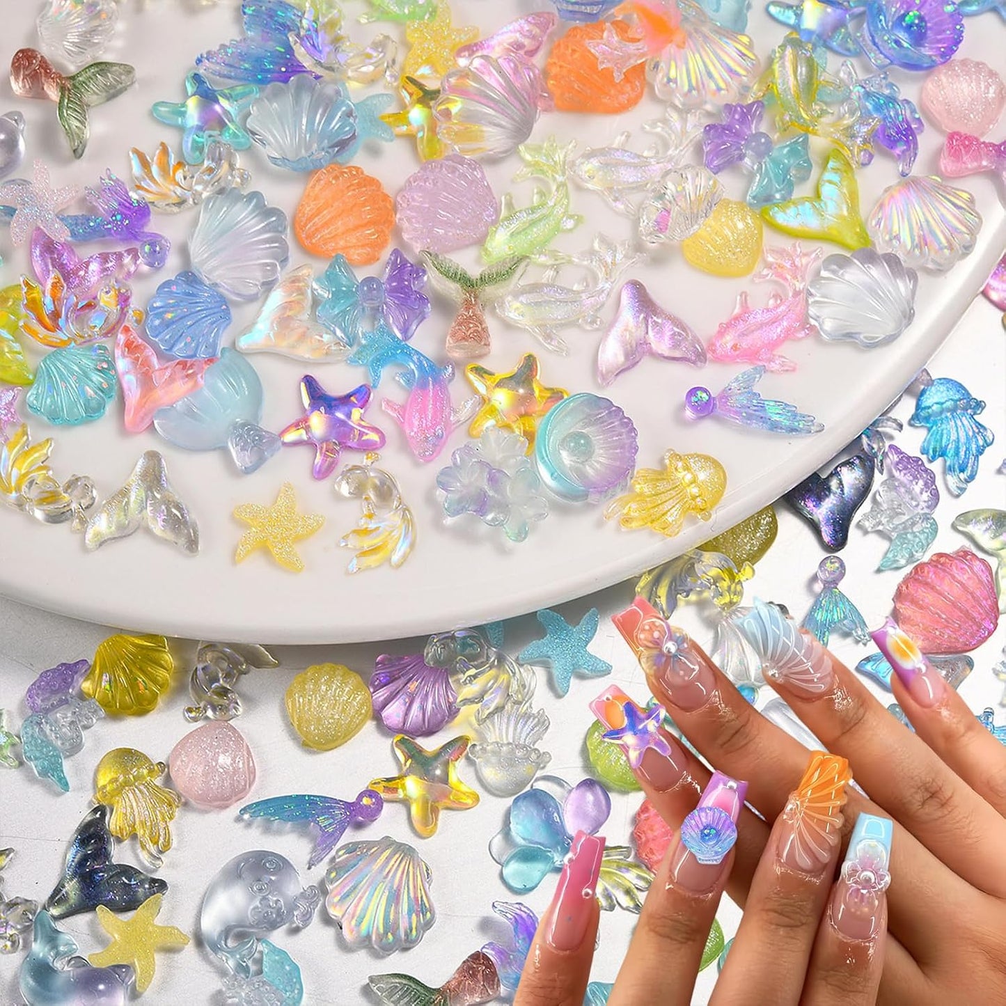 100PCS Summer Beach Nail Resin Charms Summer Ocean Theme Nail Rhinestone Diamonds 3D Starfish Charms for Nails Sea Shell Starfish Dolphin Fishtail Nail Gem for Women Nail Supplies Manicure Decoration