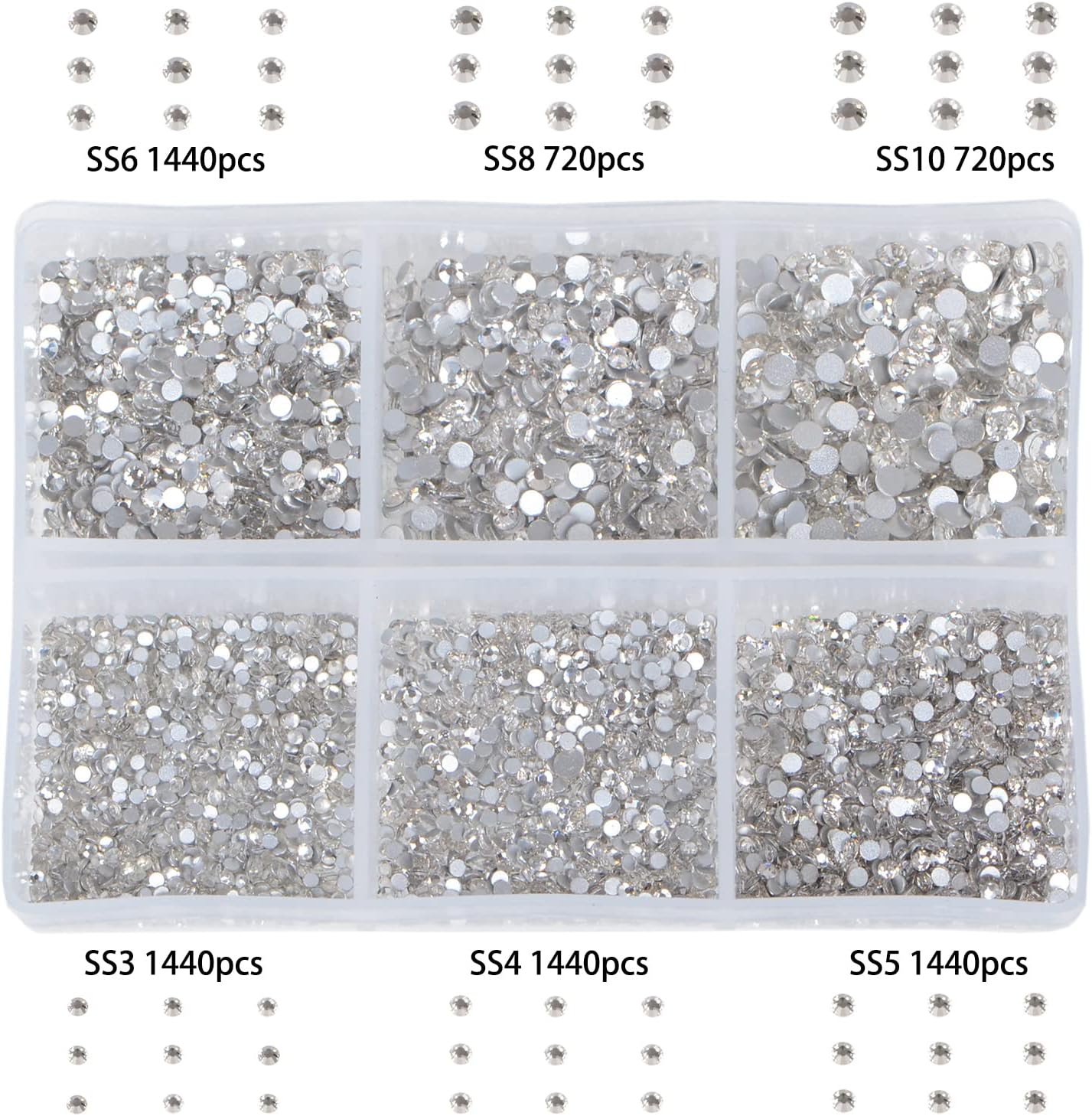 Bymitel 7200 Pieces 6 Mixed Sizes Glue Fix on Glass Rhinestones Round Crystal Gems Flatback for DIY Jewelry Making with one Picking Pen(6-Sizes 7200PCS, Clear Crystal)